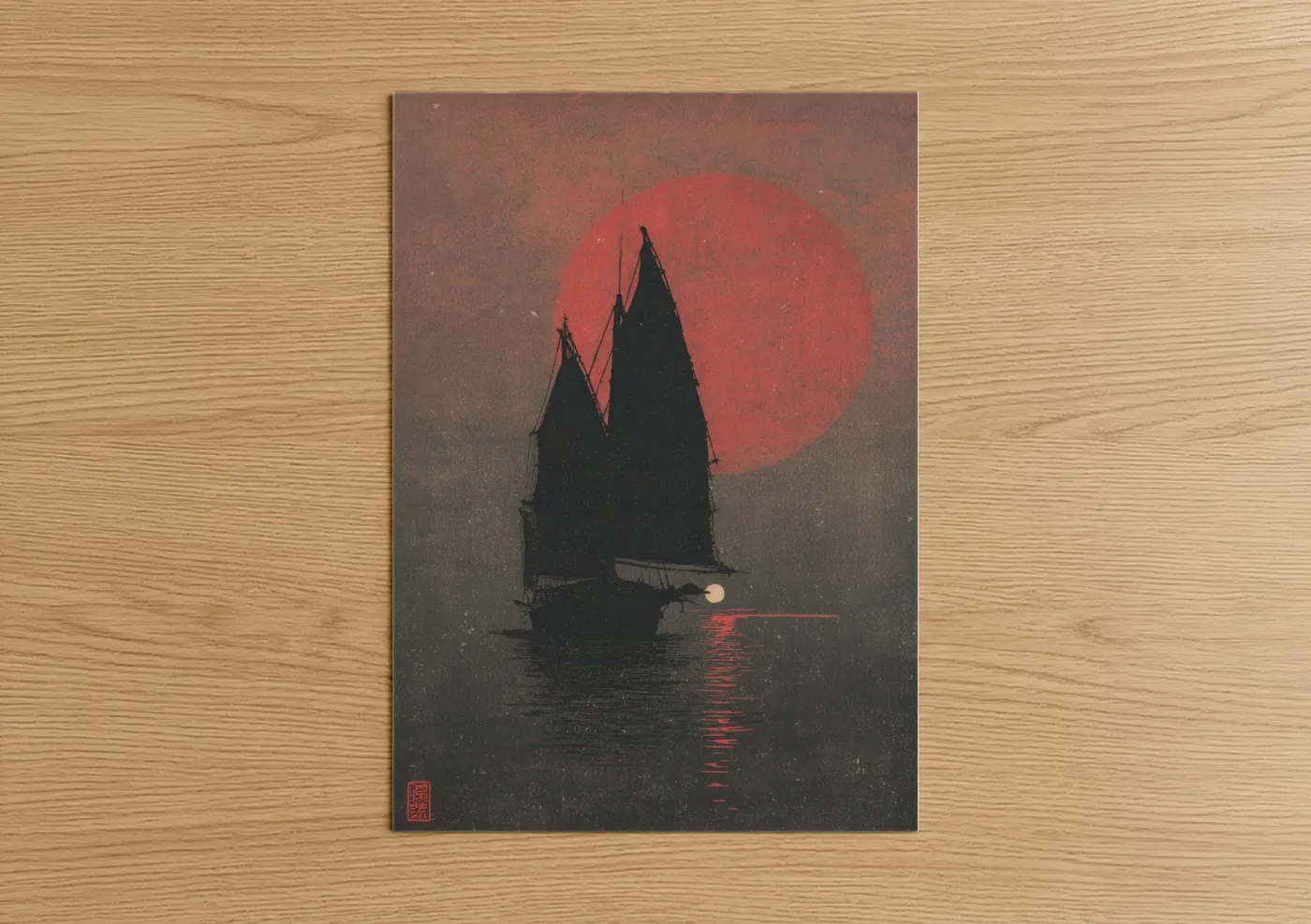 Sailing ship art print on warm oak wood — red and black palette — Crimson Moon Sailing poster