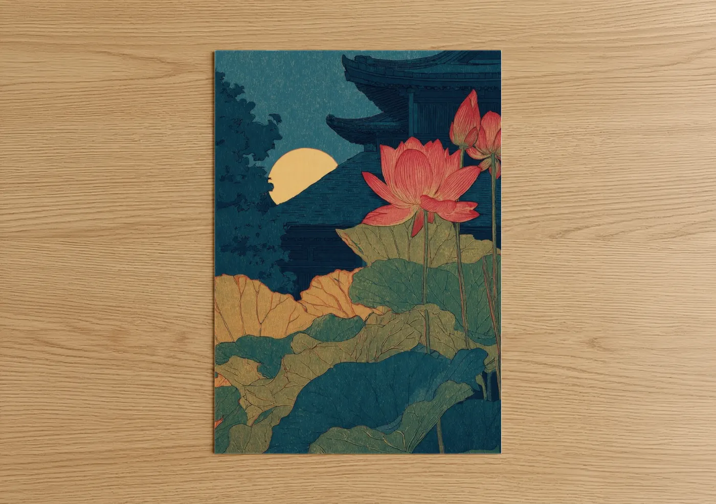 Art print on warm oak wood — teal and gold palette — Moonlit Lotus poster