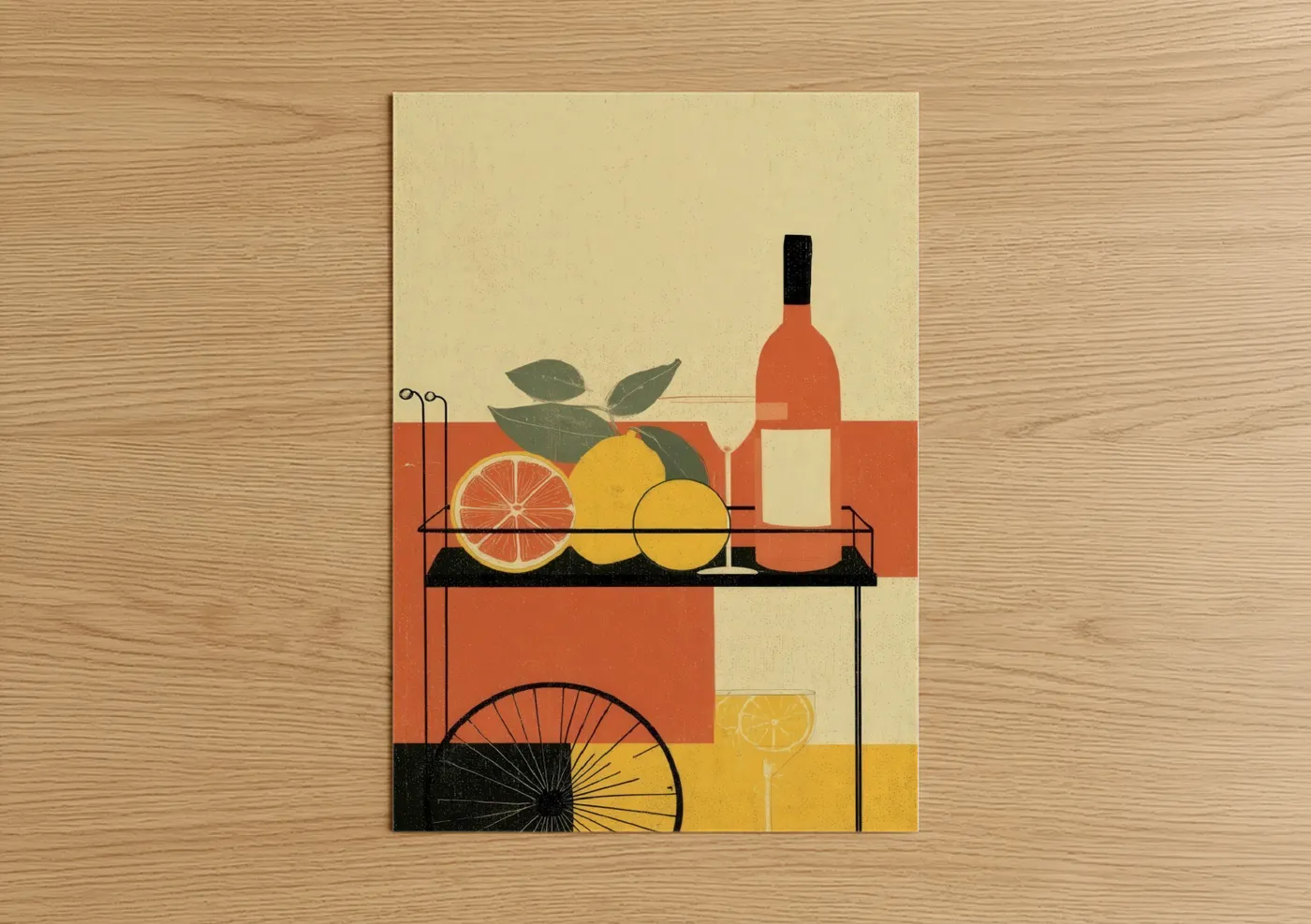 Rose wine art print on warm oak wood — gold and cream palette — Citrus Wine Moment poster