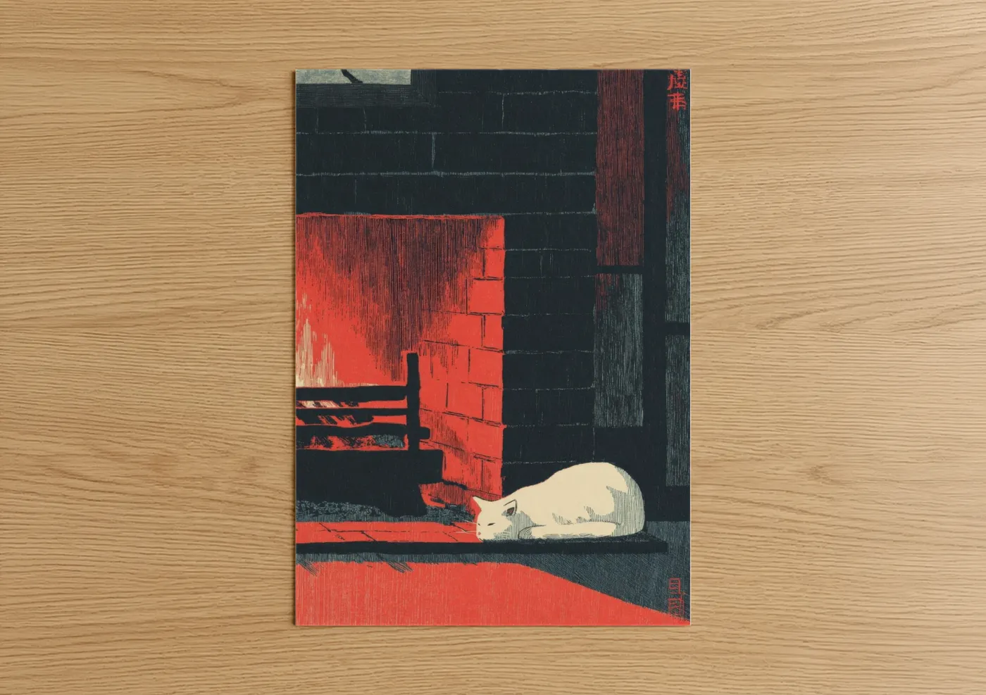 Crimson Fireplace Cat Japanese Woodblock Wall Art