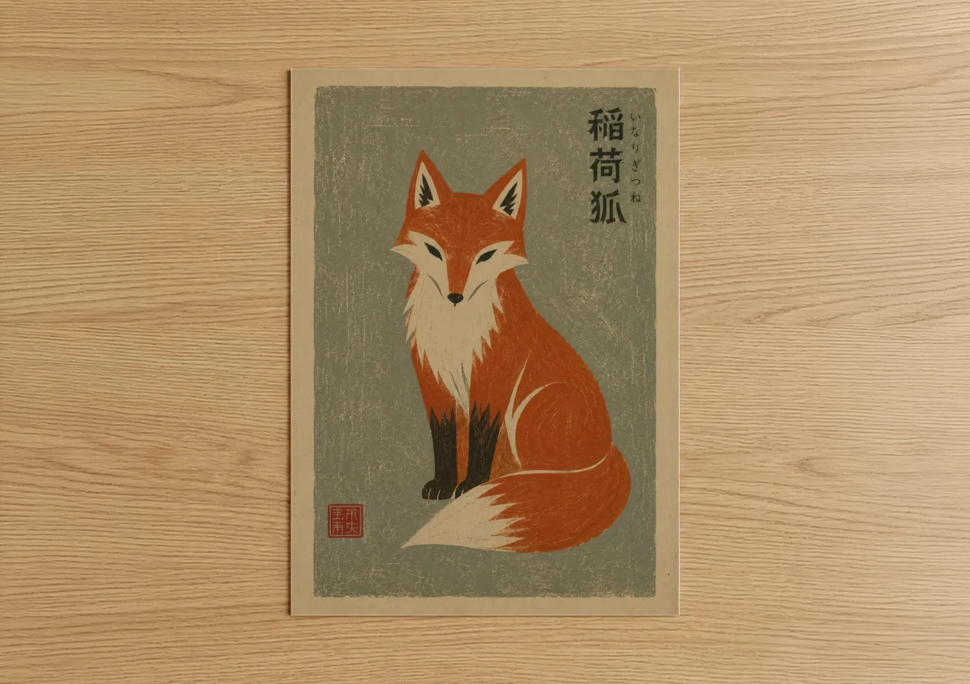 Art print on warm oak wood — orange and sage green palette — Japanese Fox Woodblock Wall Art poster