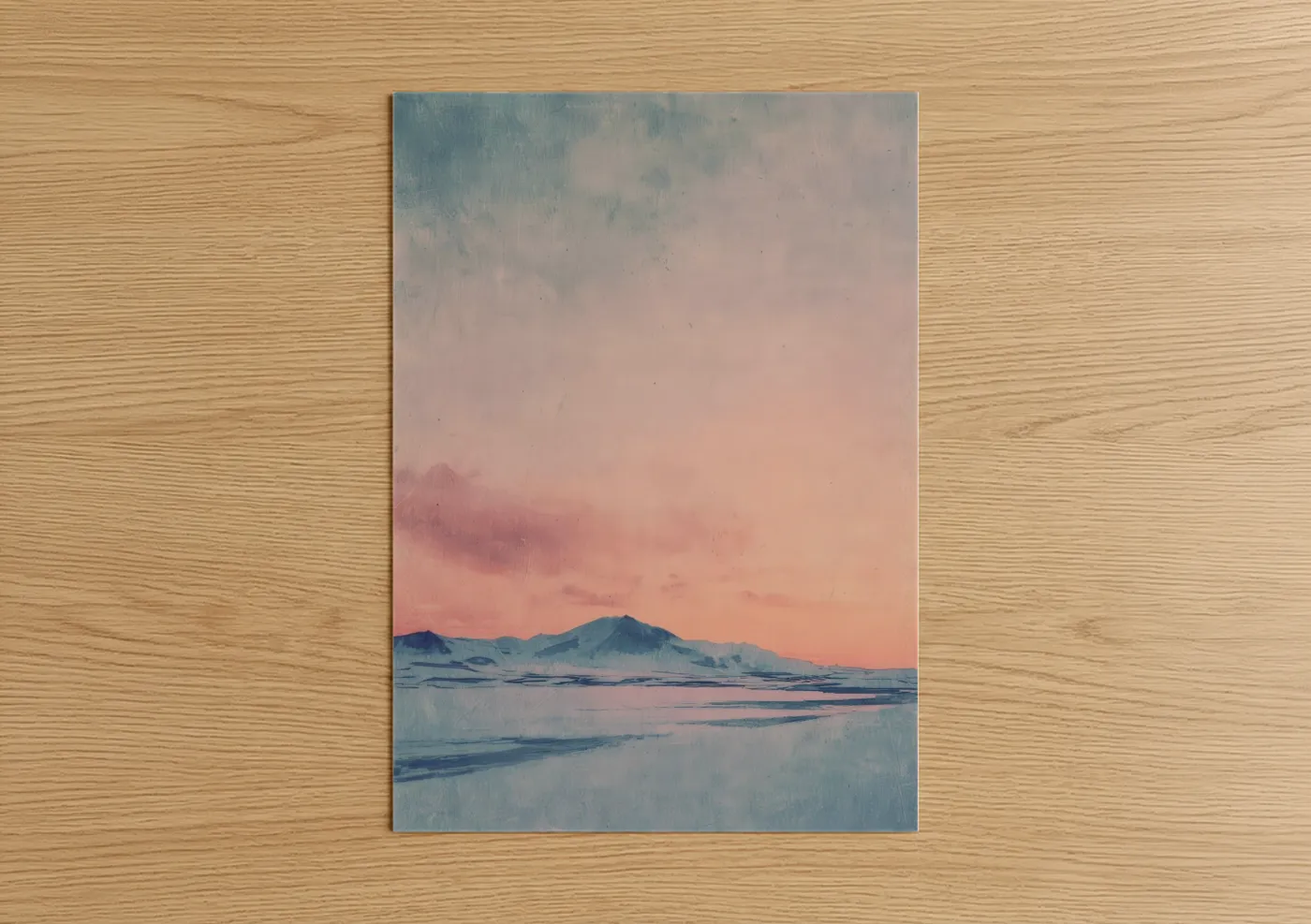 Glacier art print on warm oak wood — blue and white and peach palette — Snowy Volcano Dawn poster