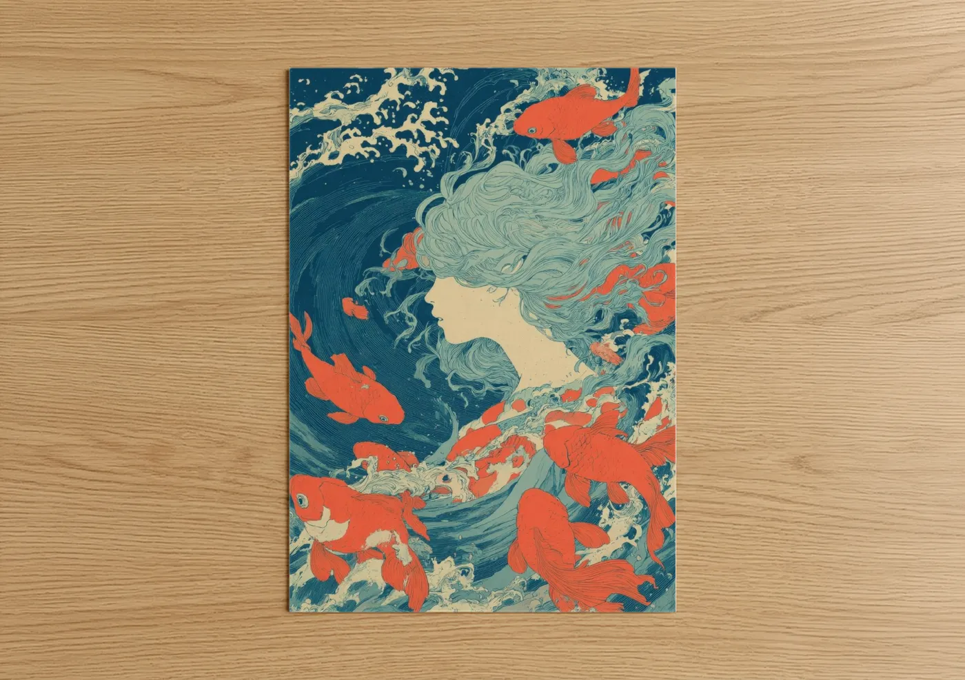 Art for girl art print on warm oak wood — dark blue and orange palette — Underwater Dreamer poster