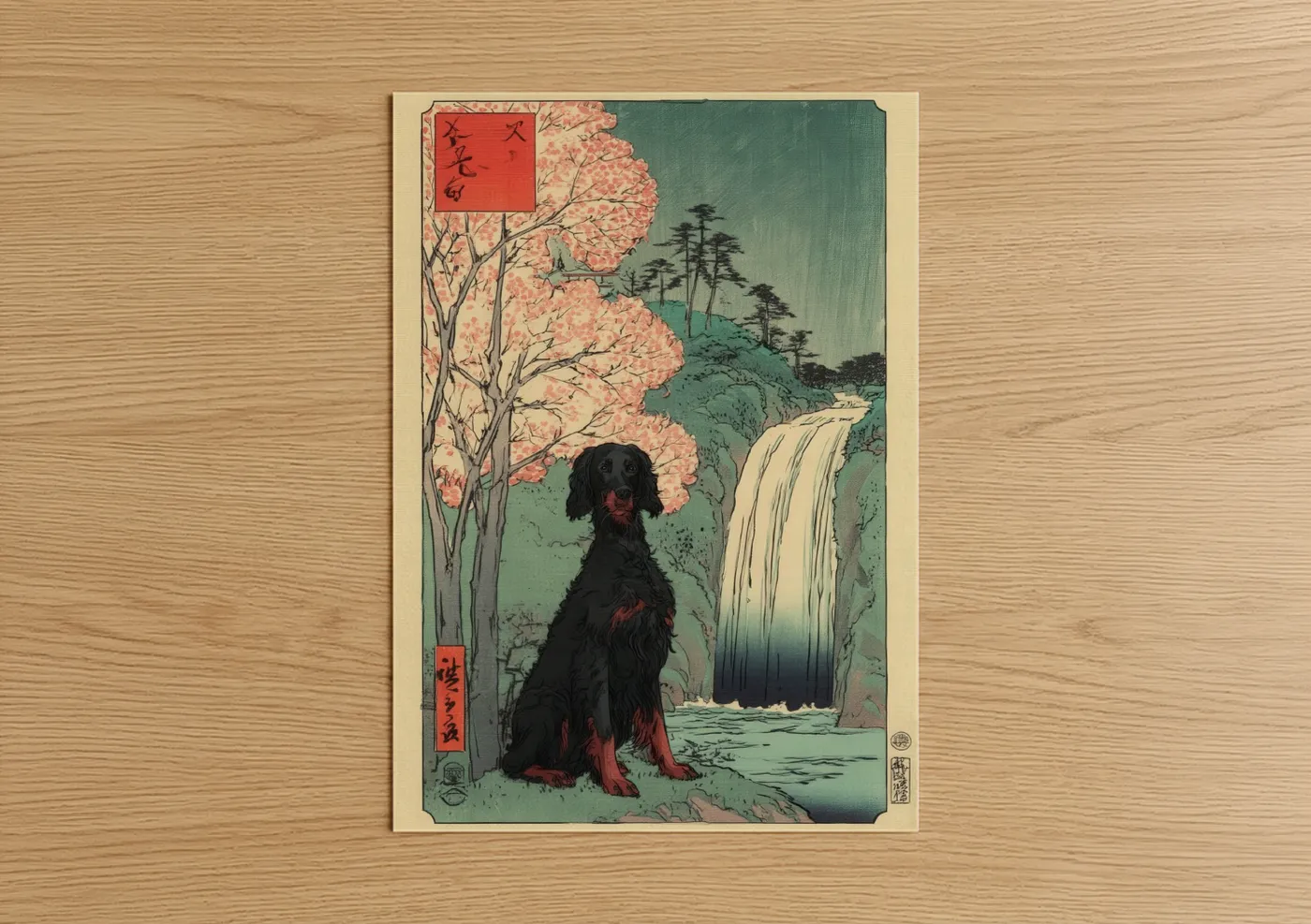 Black Setter with Waterfall Landscape Wall Art