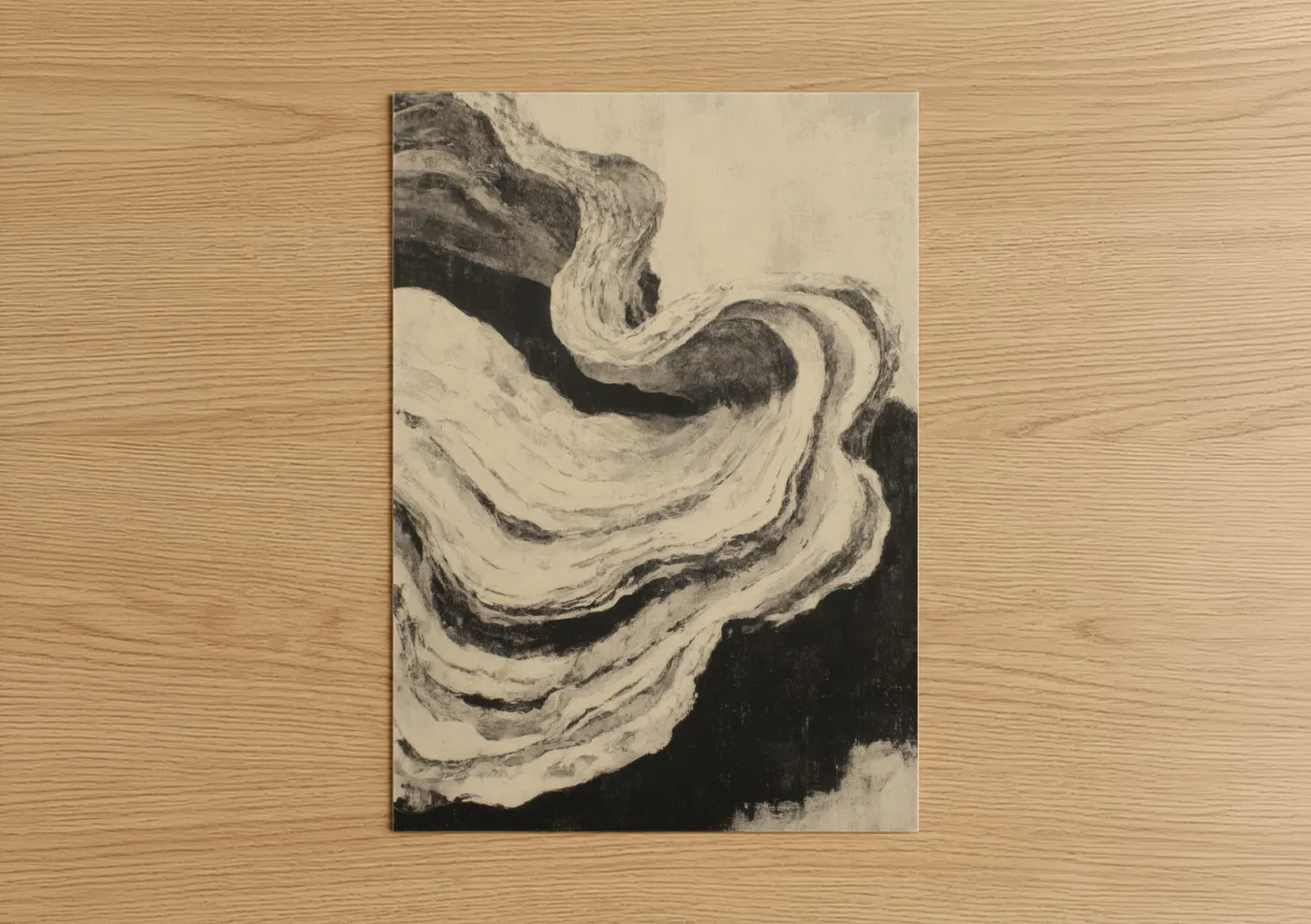 Art print on warm oak wood — black and white palette — Textured Oyster poster