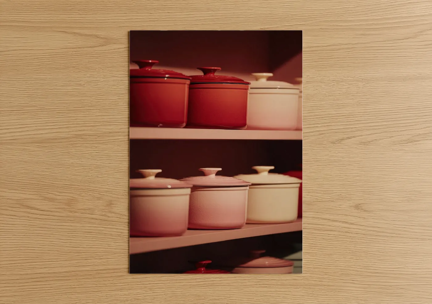Kitchen utensils art print on warm oak wood — red and peach palette — Crimson Kitchen Vessels poster