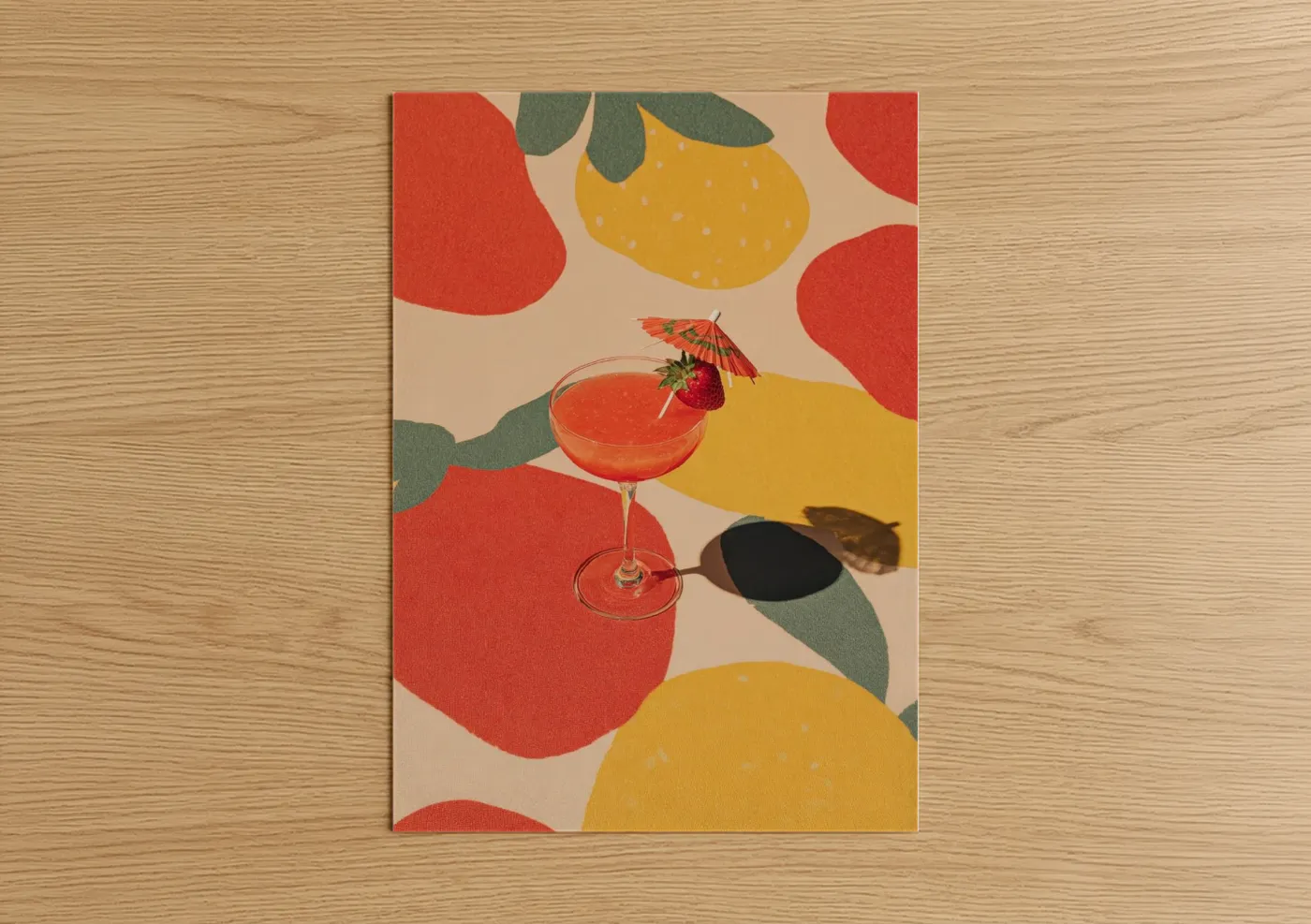 Art print on warm oak wood — red and yellow gold palette — Tropical Cocktail poster