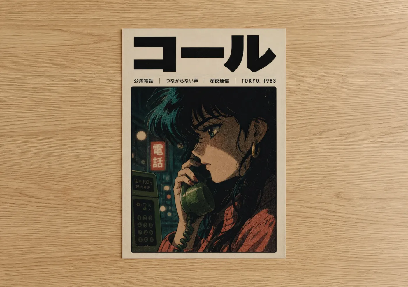 Fashion illustration art print on warm oak wood — teal and beige palette — Retro Tokyo Phone Call Wall Art poster