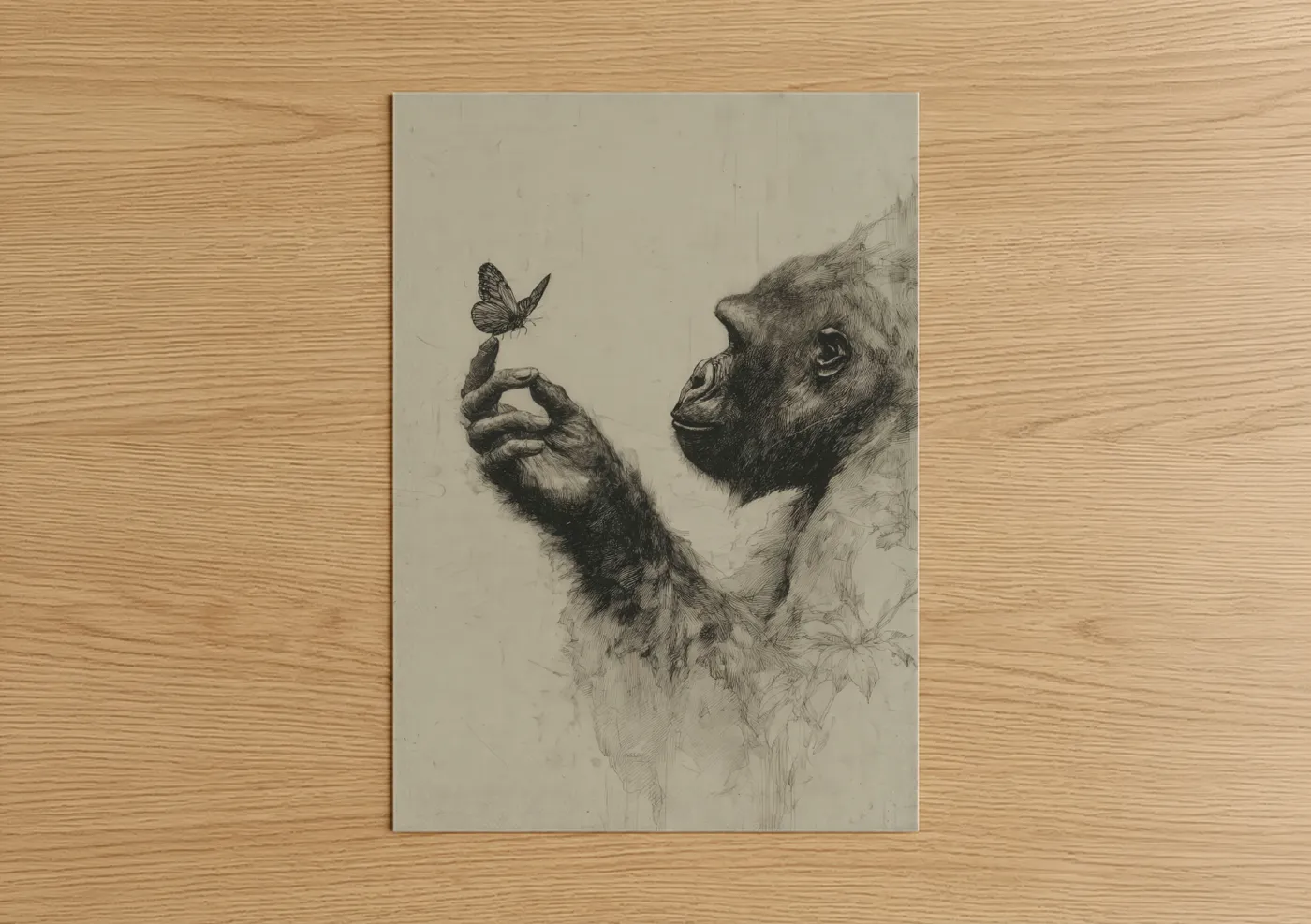 Gentle Gorilla with Butterfly Sketch Wall Art