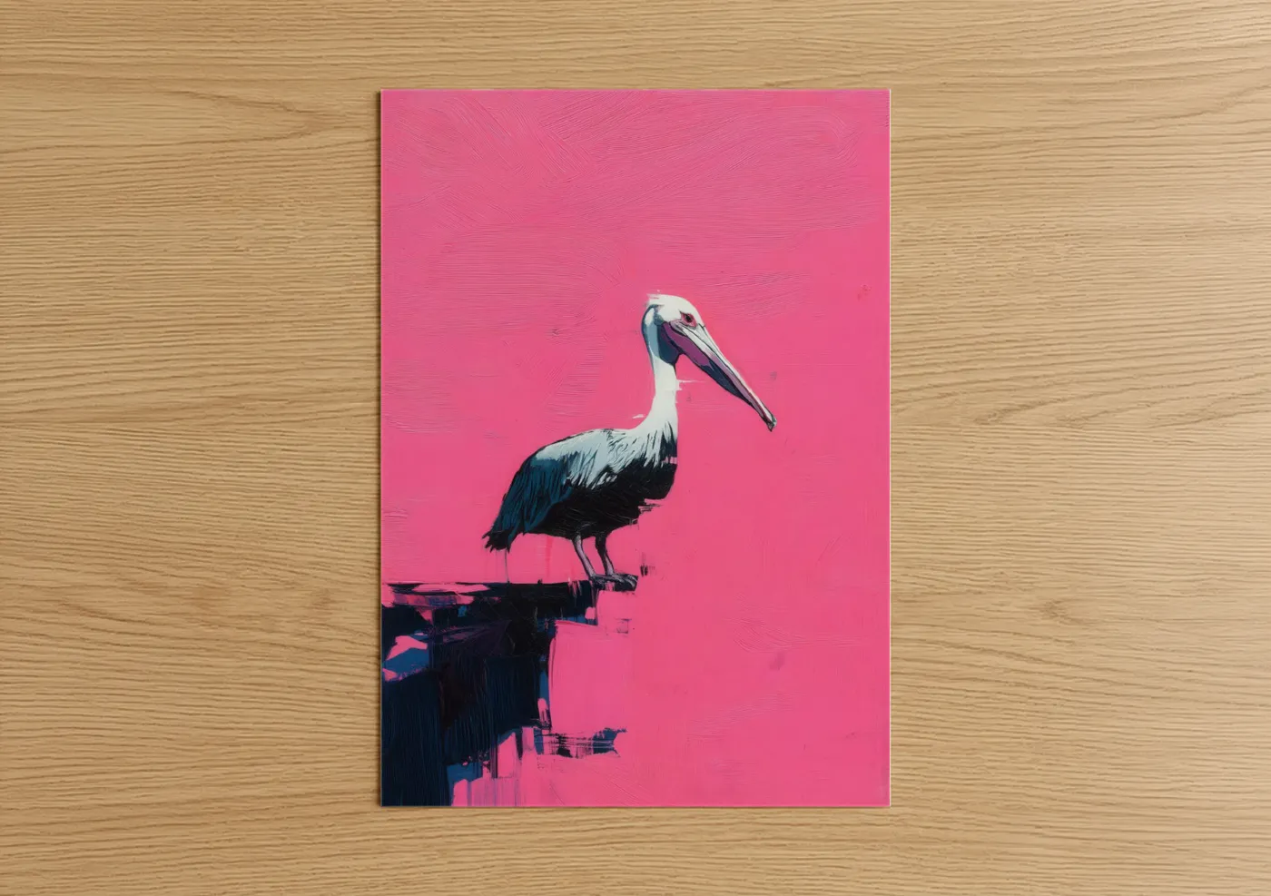 Art print on warm oak wood — magenta and black and white palette — Magenta Pelican poster