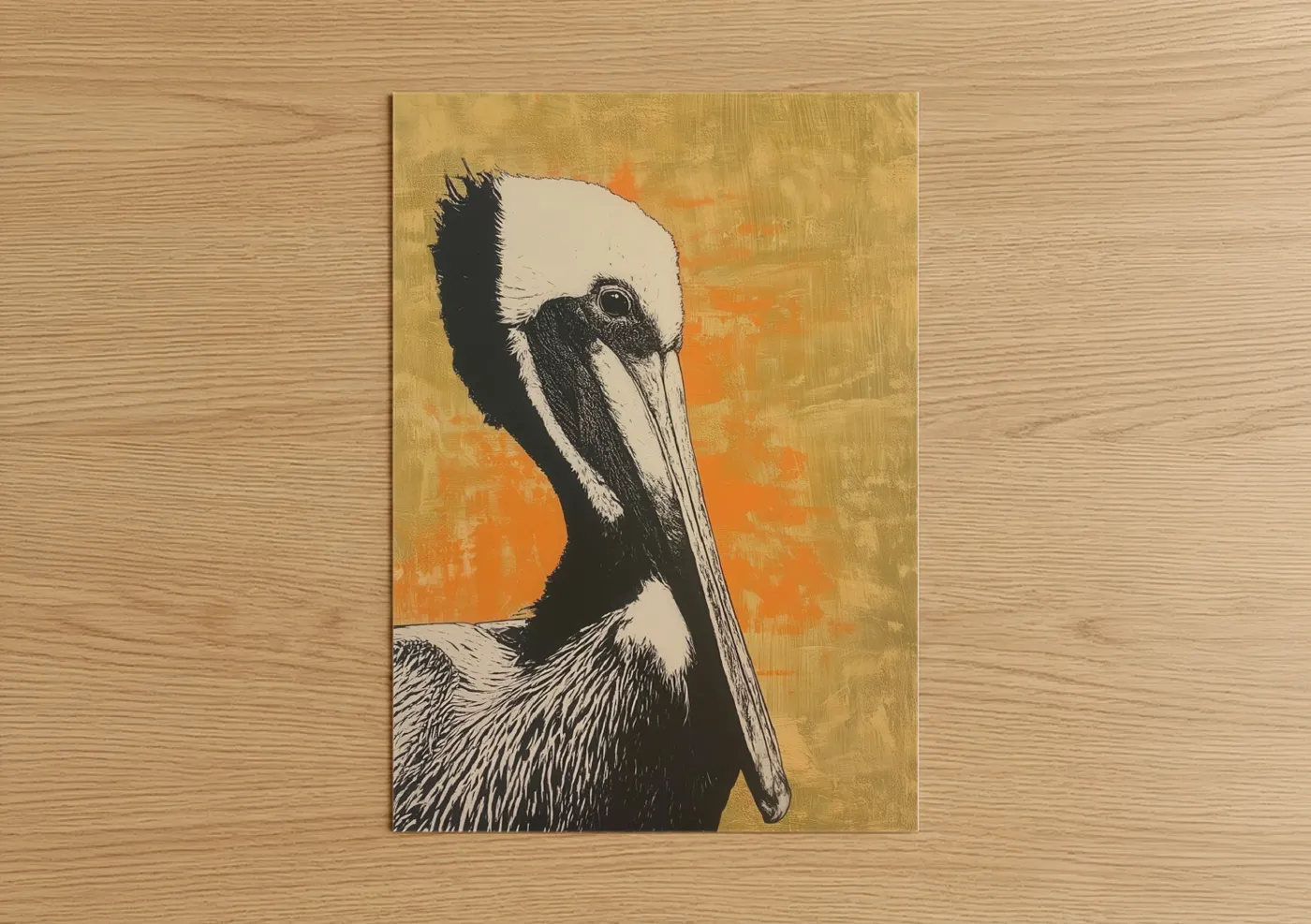Art print on warm oak wood — gold and orange palette — Coastal Pelican poster