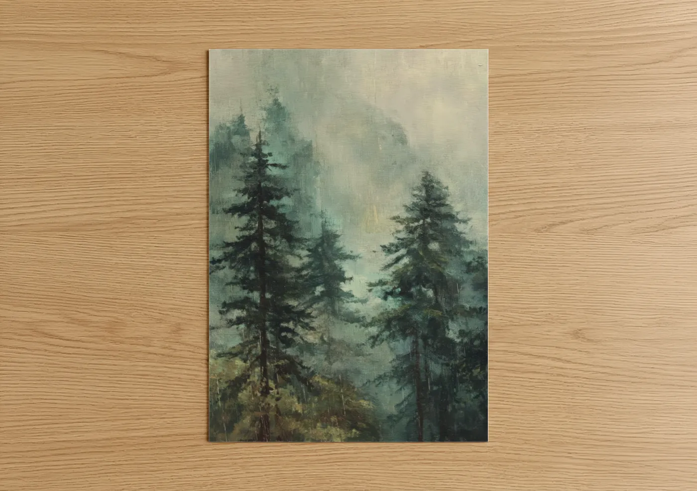 Redwood tree art print on warm oak wood — gray and dove gray palette — Misty Redwoods poster