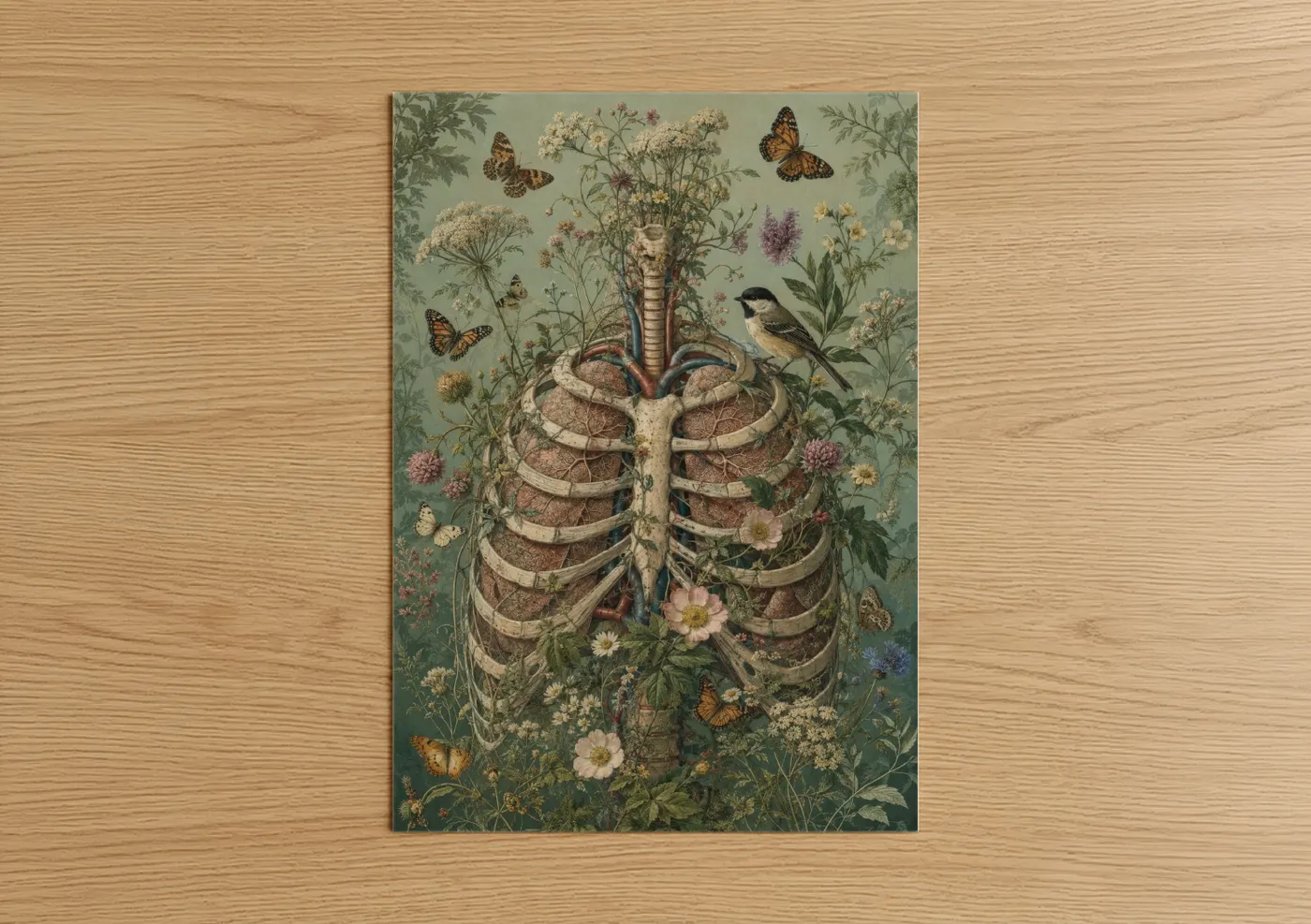 Butterfly art print on warm oak wood — sage green and beige palette — Botanical Ribcage With Butterflies Wall Art poster