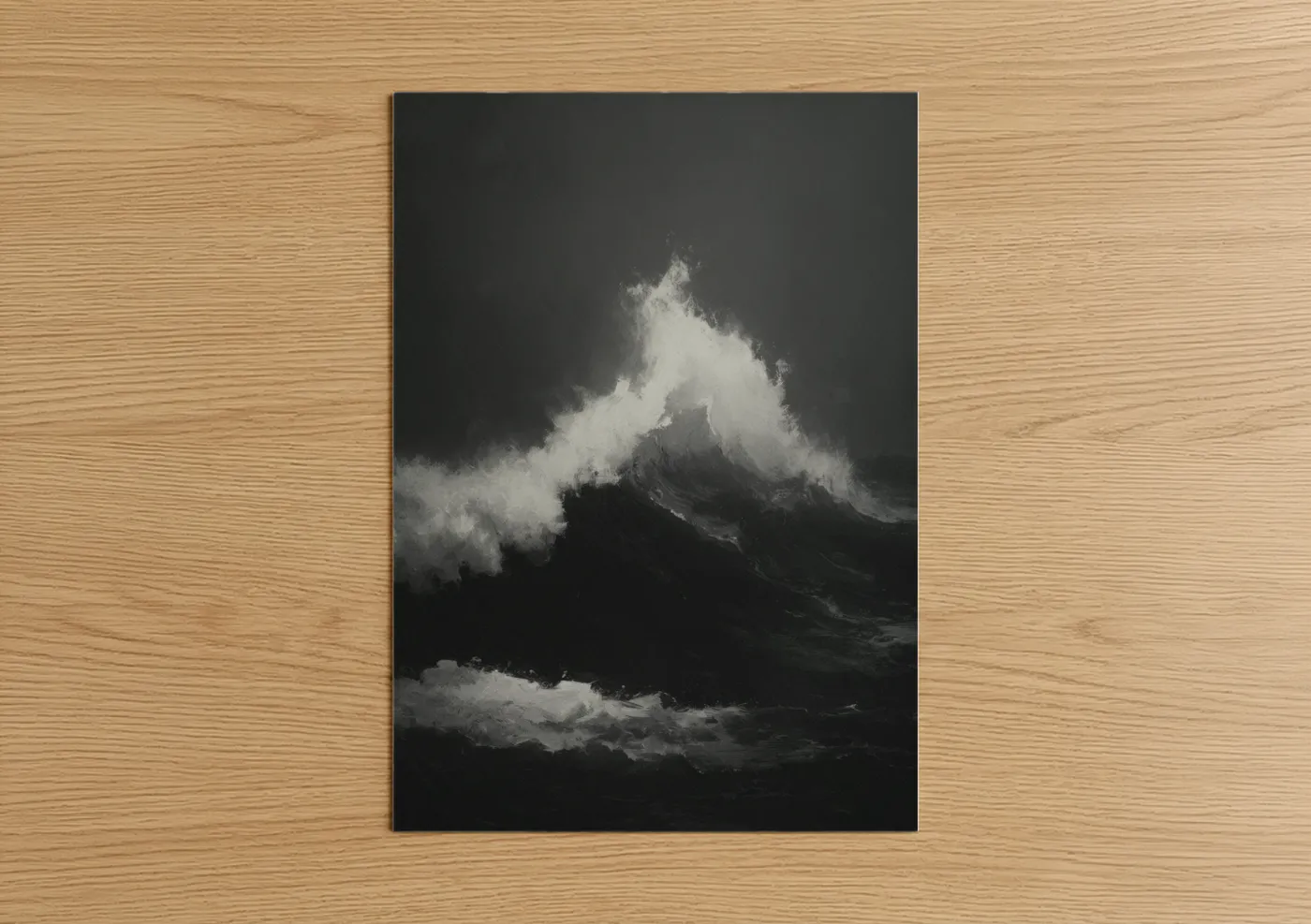 Seascapes and ocean art print on warm oak wood — black and white and gray palette — Crashing Wave poster