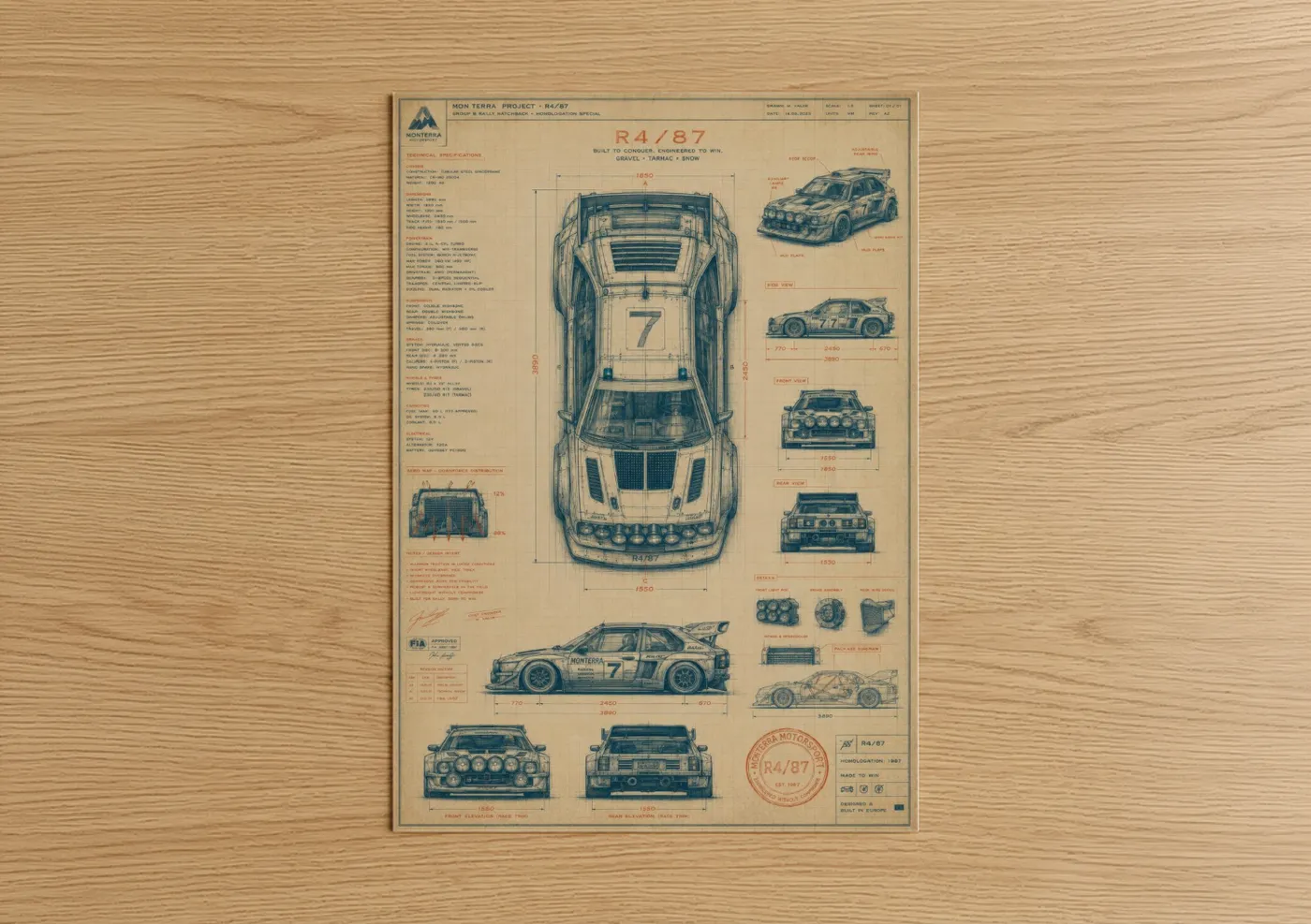 Auto racing art print on warm oak wood — blue and beige palette — Rally Car Blueprint Wall Art poster