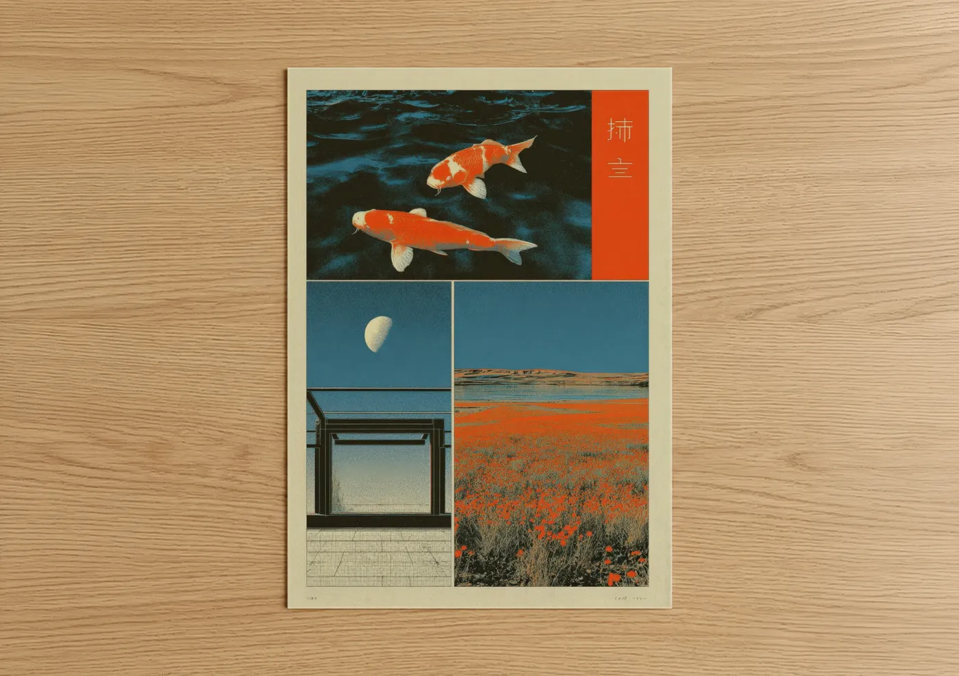 Japanese y2k art print on warm oak wood — orange and blue palette — Koi Dreamscape poster
