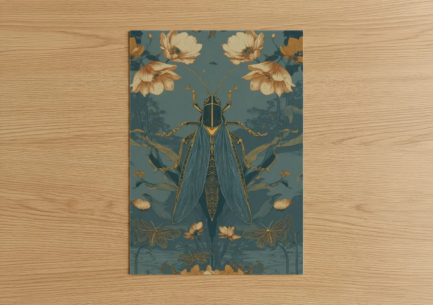 Art print on warm oak wood — gold and teal palette — Golden Grasshopper poster