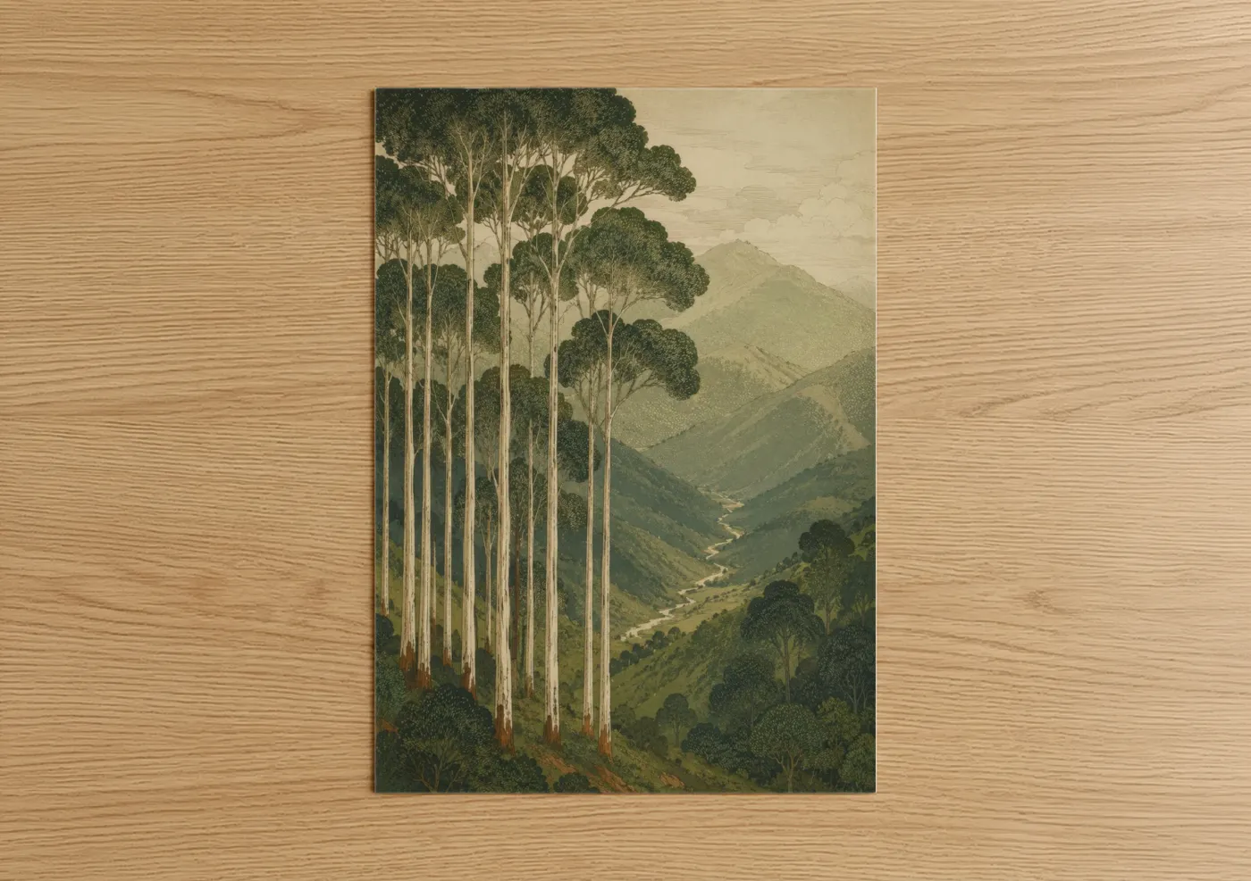 Art print on warm oak wood — olive and beige palette — Mountain Valley Eucalyptus Forest Wall Art poster