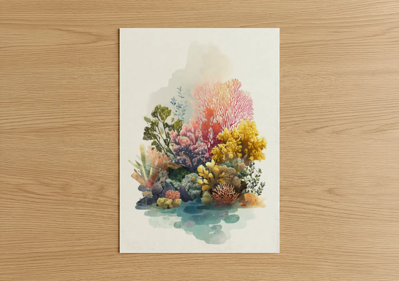 Art print on warm oak wood — coral pink and yellow gold palette — Vibrant Coral Reef poster