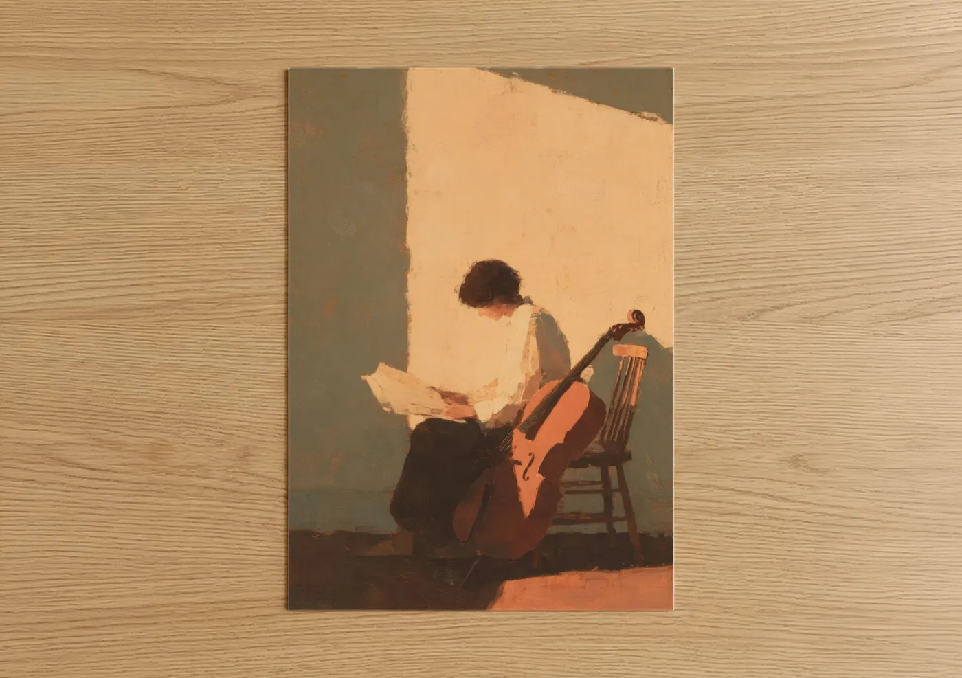 Cellist Reading Sheet Music Warm Light Wall Art
