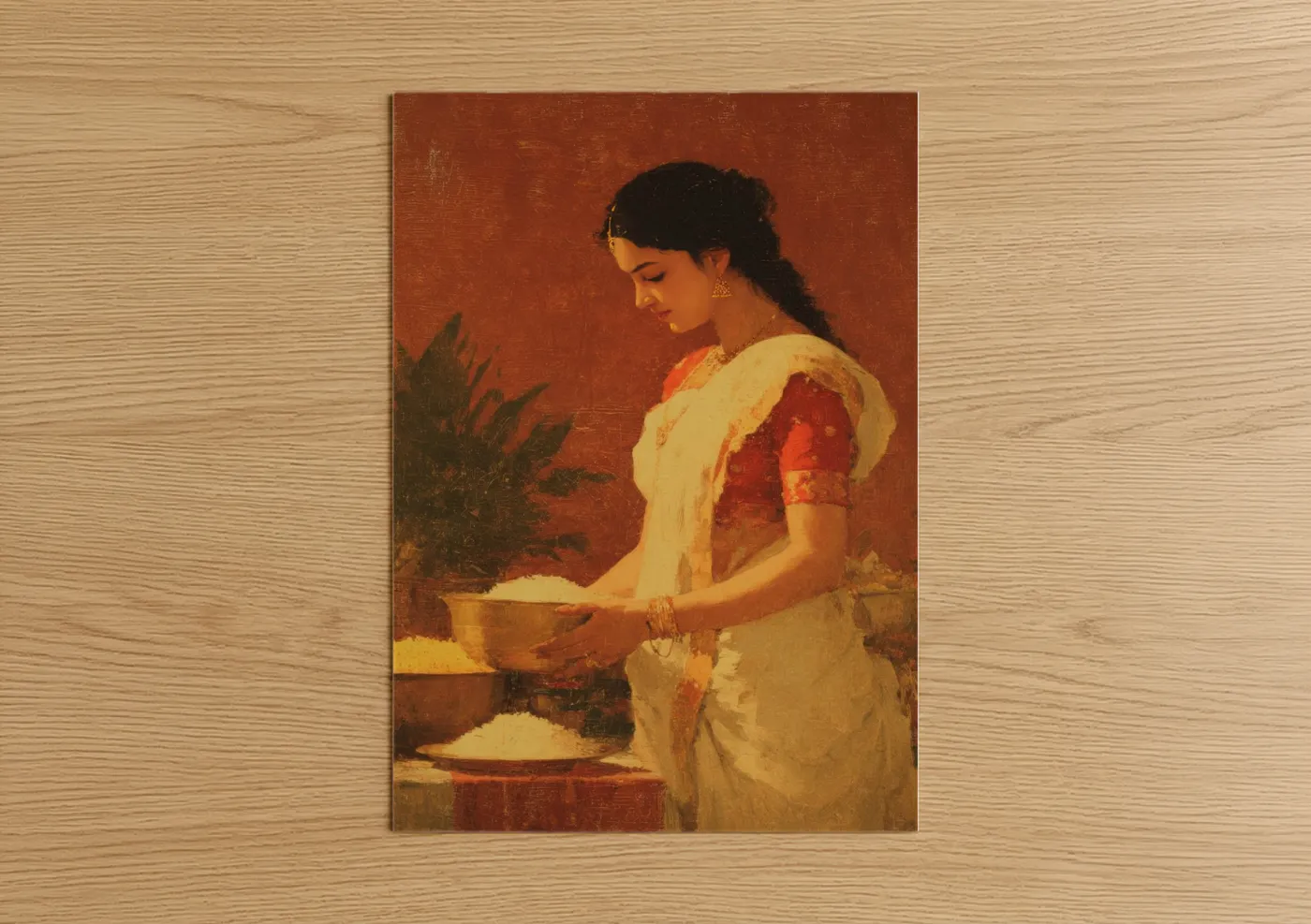 Hinduism art print on warm oak wood — russet and gold palette — Graceful Offering poster
