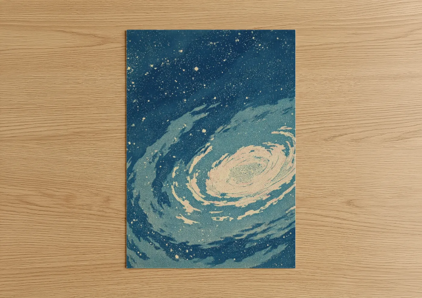 Art print on warm oak wood — blue and gold palette — Cosmic Swirl Galaxy poster