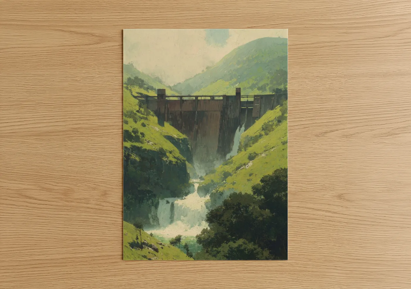 Art print on warm oak wood — light green and cream palette — Alpine Dam Valley poster