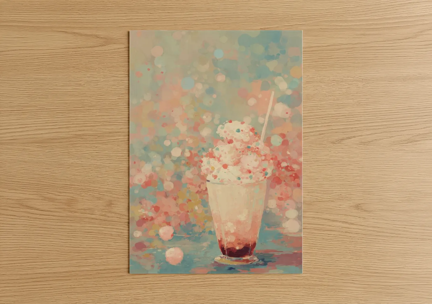 Art print on warm oak wood — peach and aquamarine palette — Dreamy Milkshake poster