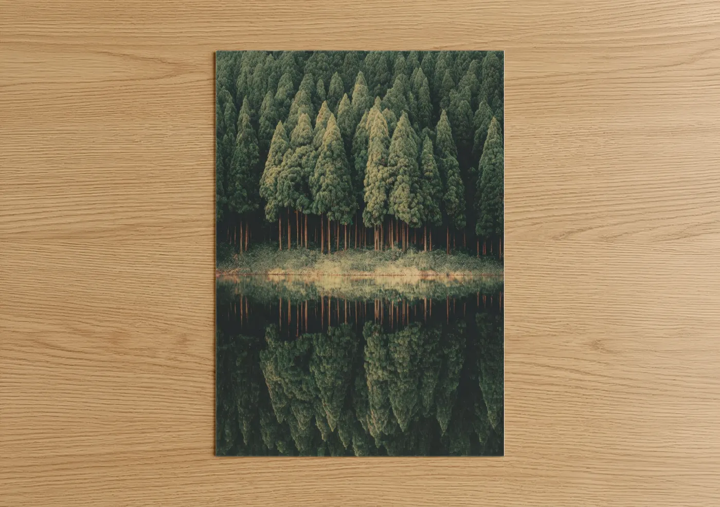 Art print on warm oak wood — dark green and olive palette — Pine Forest Reflection poster