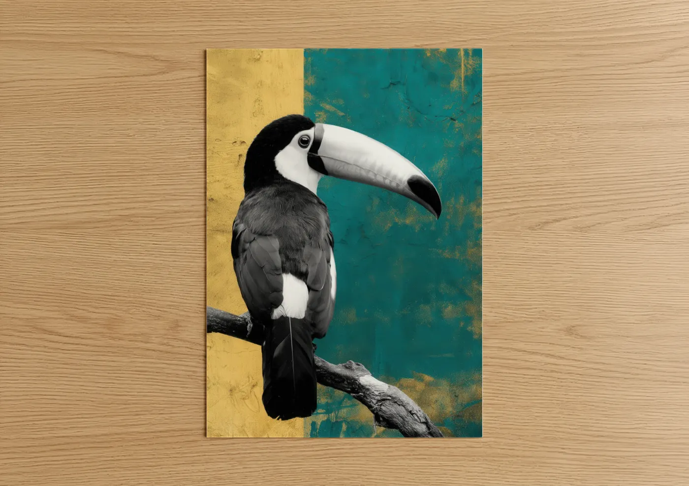 Art print on warm oak wood — teal and gold palette — Tropical Toucan Portrait poster