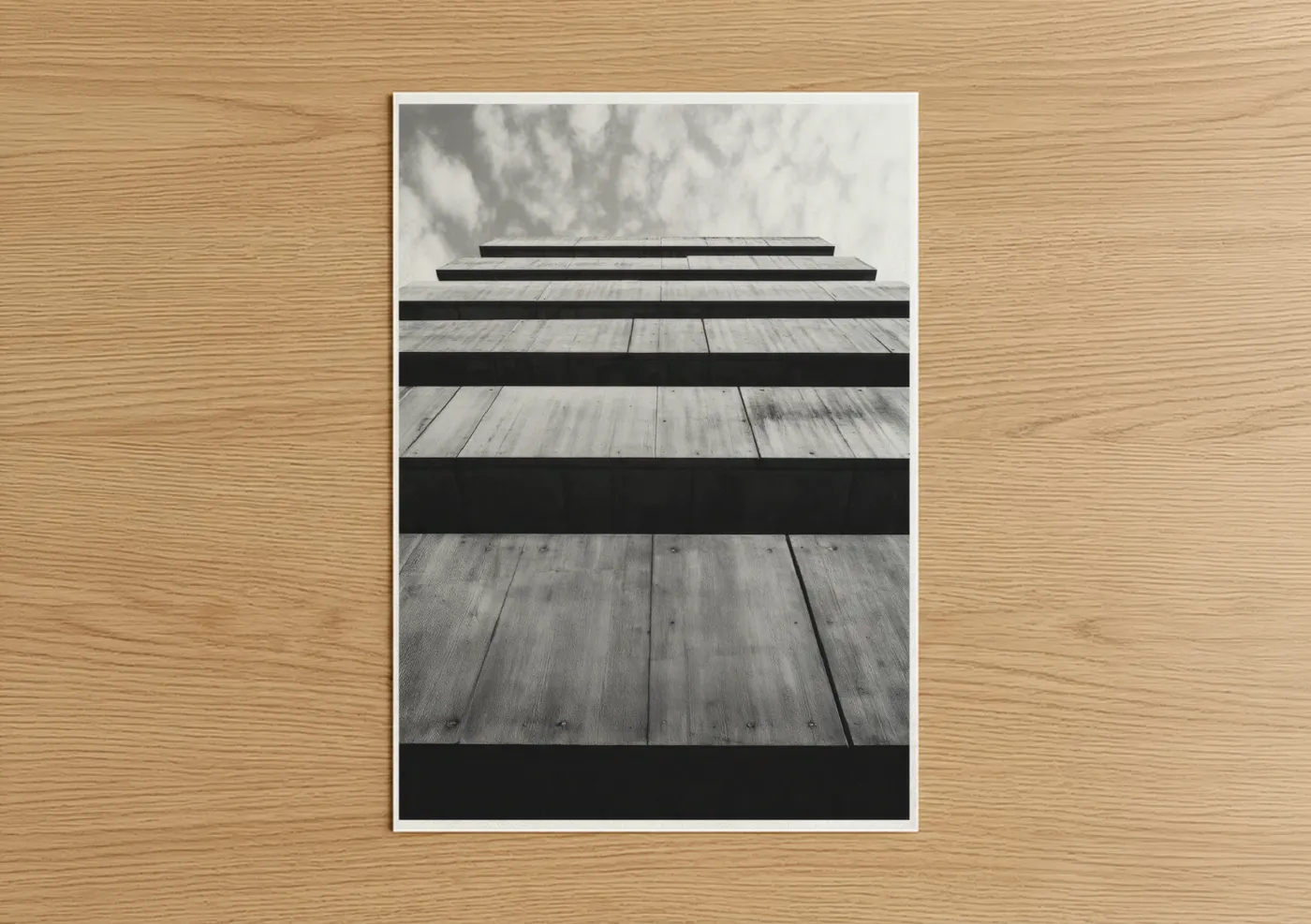 Abstract architecture art print on warm oak wood — black and white and gray palette — Striped Skyrise poster