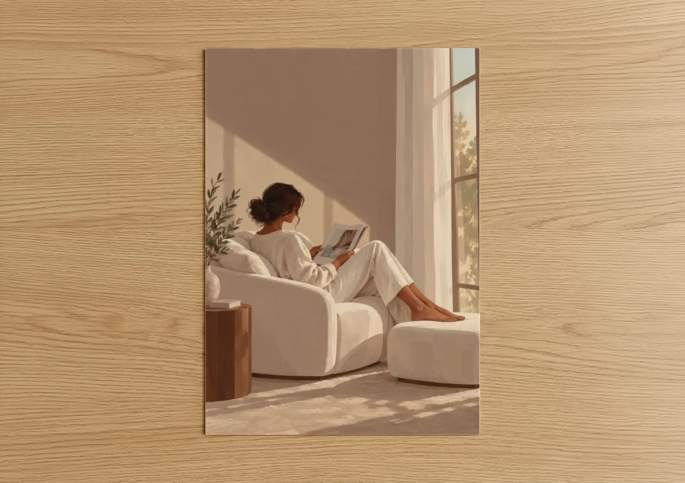 Art print on warm oak wood — beige and cream palette — Peaceful Reading by Window Wall Art poster