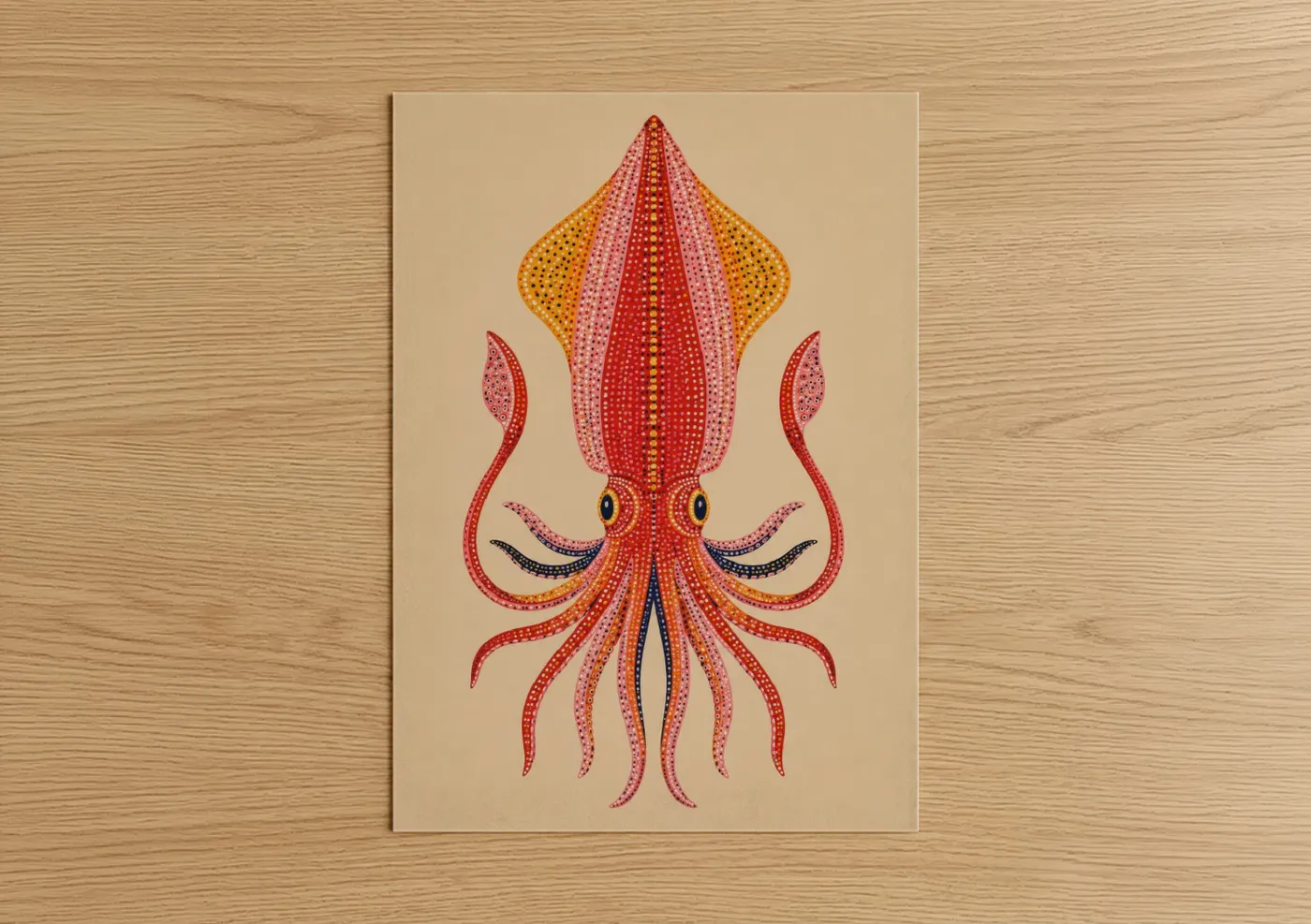 Art print on warm oak wood — red and peach palette — Geometric Squid Illustration Wall Art poster