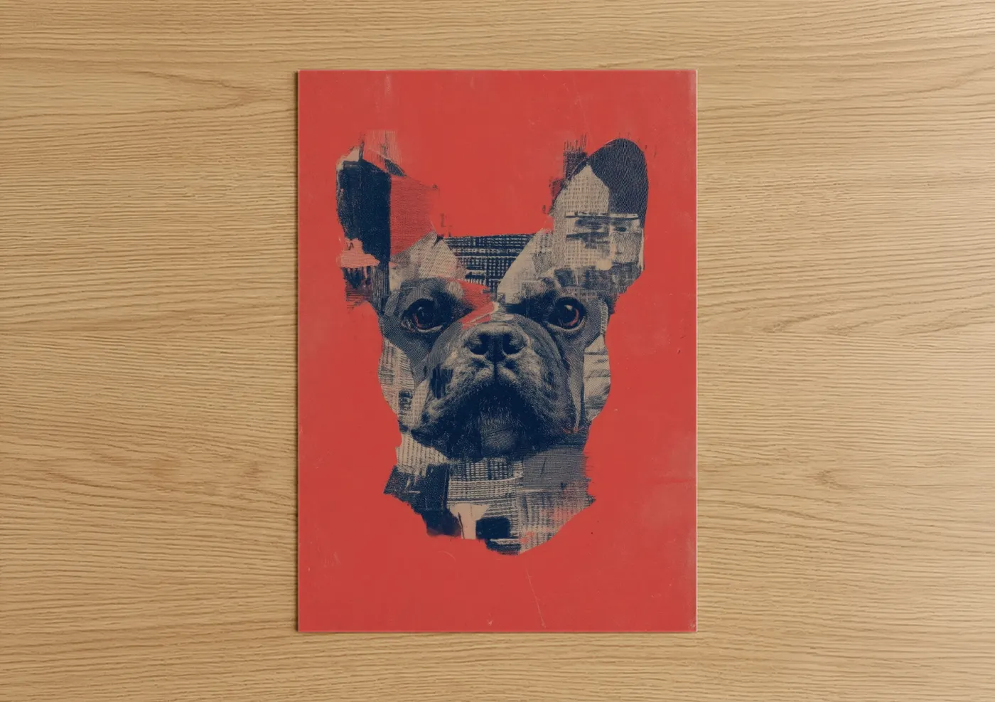 Art print on warm oak wood — red and black and white palette — Coral Bulldog poster