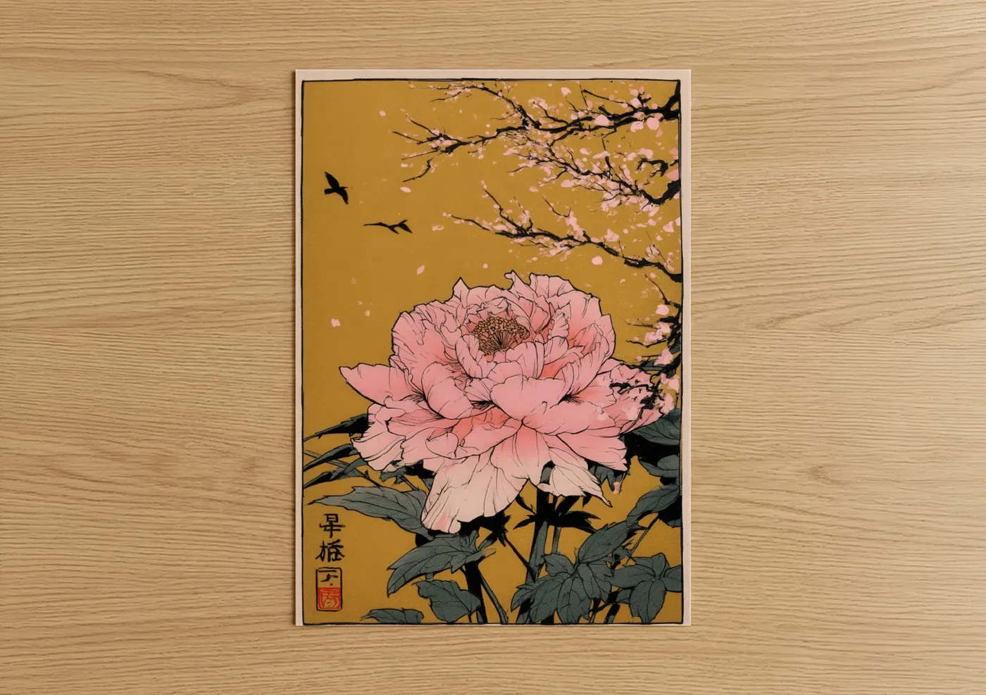 Pink Peony Blossom Japanese Wall Art
