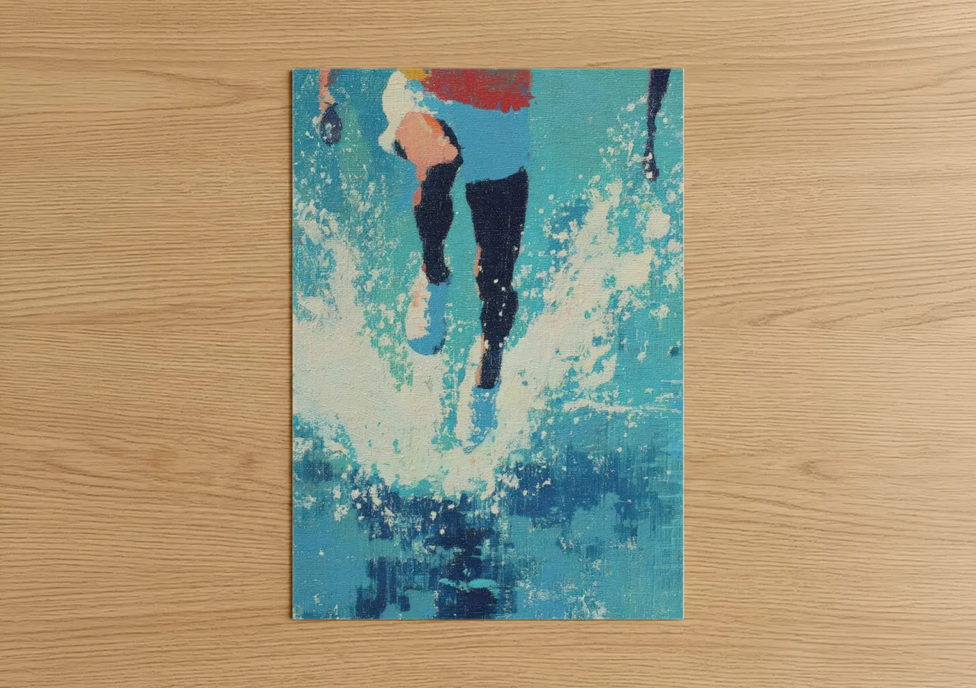 Track and field art print on warm oak wood — turquoise and dark blue palette — Sprint Runner poster