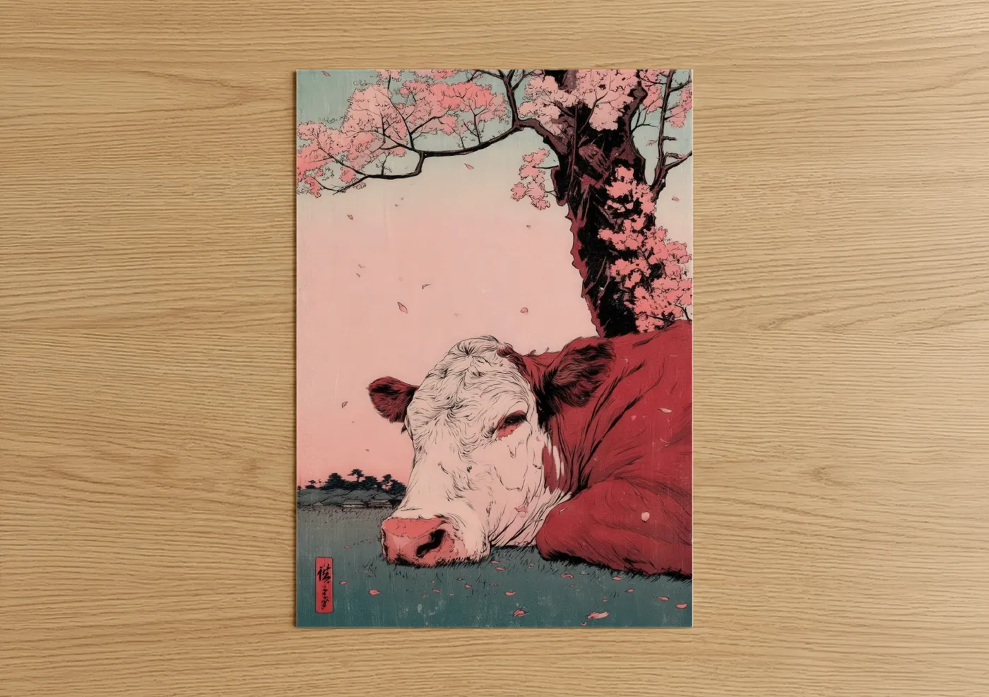 Serene Angus Cow Cherry Blossom Wall Art
