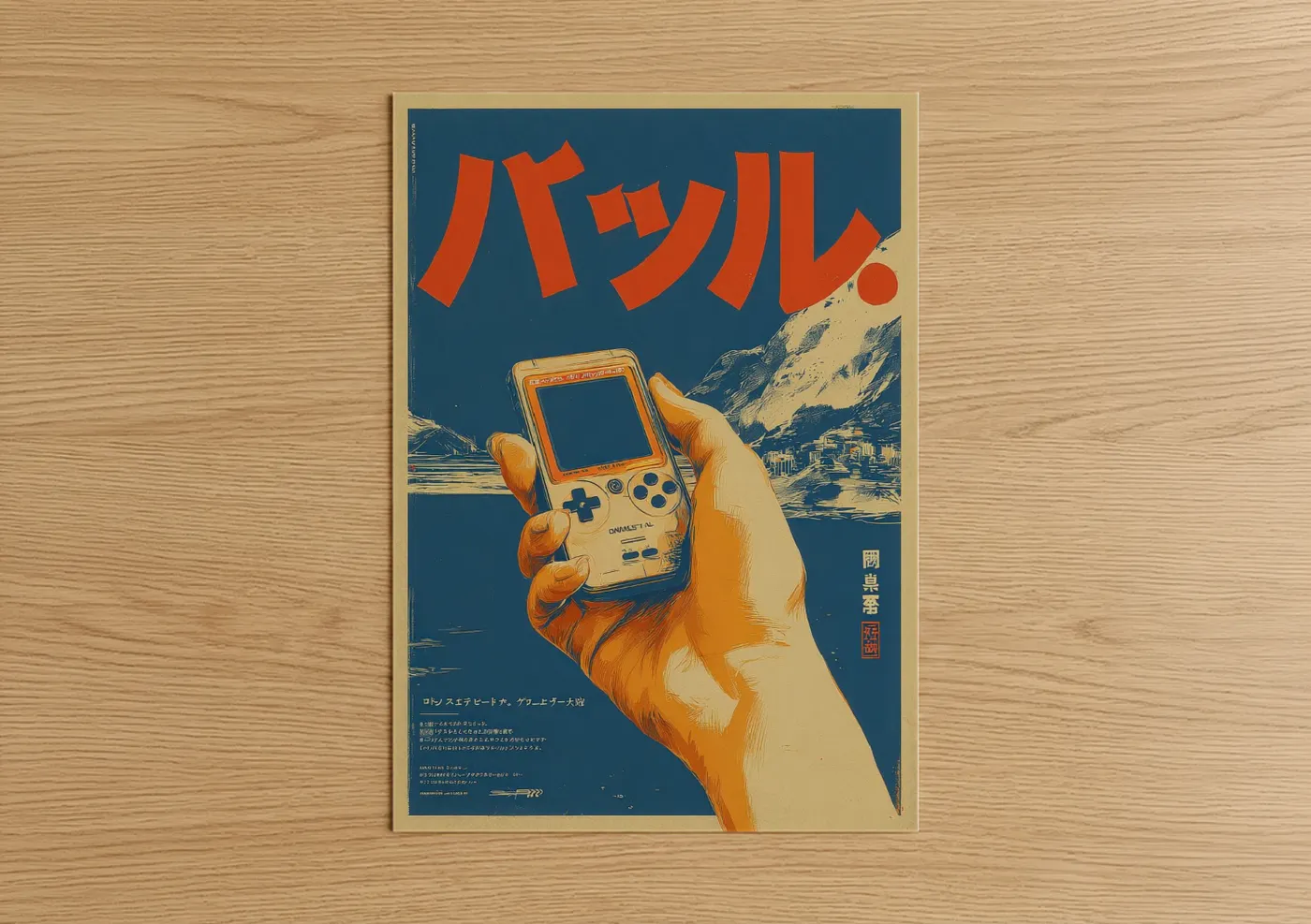 Vintage japanese ads art print on warm oak wood — dark blue and orange palette — Handheld Gaming Nostalgia poster