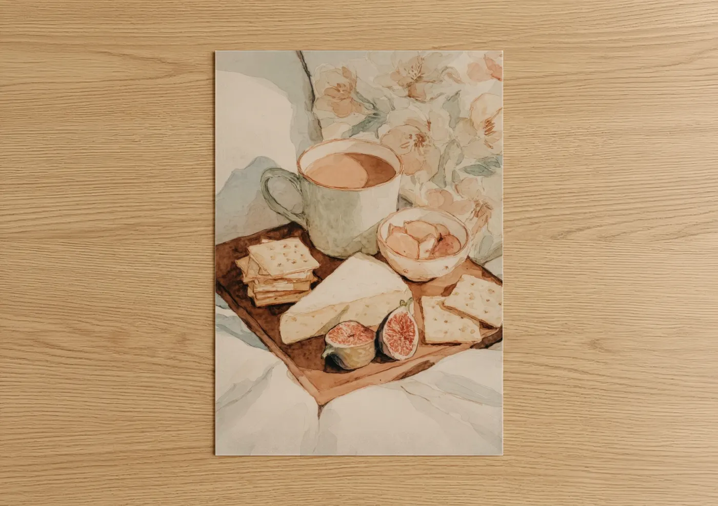 Art print on warm oak wood — peach and cream palette — Morning Cheese Board poster