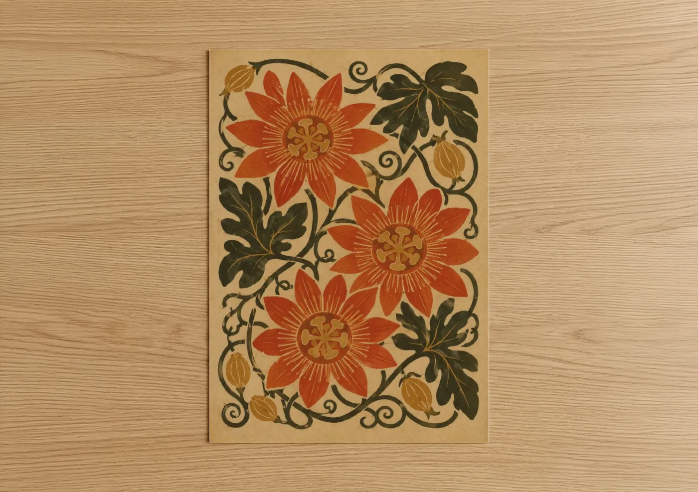 Flower art print on warm oak wood — orange and beige palette — Vintage Floral Art Deco Wall Art poster