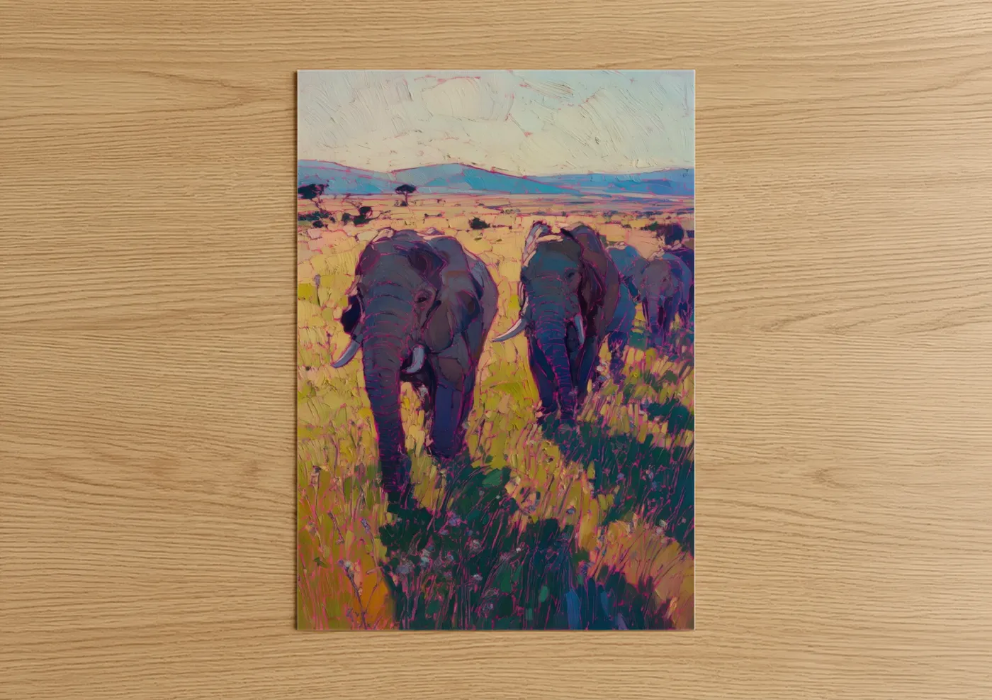Art print on warm oak wood — gold and purple palette — Savanna Elephants Stride poster
