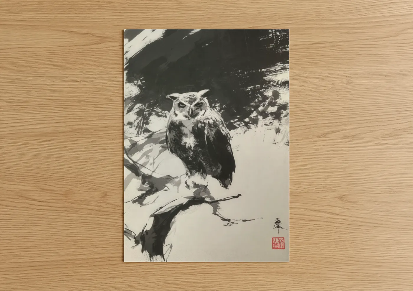 Perched Owl Japanese Ink Art Wall Art