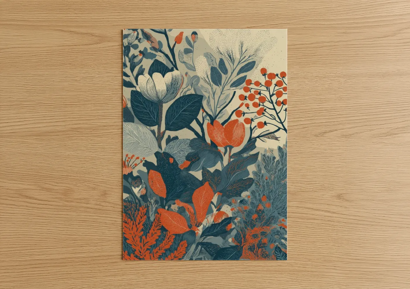 Leaf art print on warm oak wood — orange and dark blue palette — Autumn Botanical Garden poster