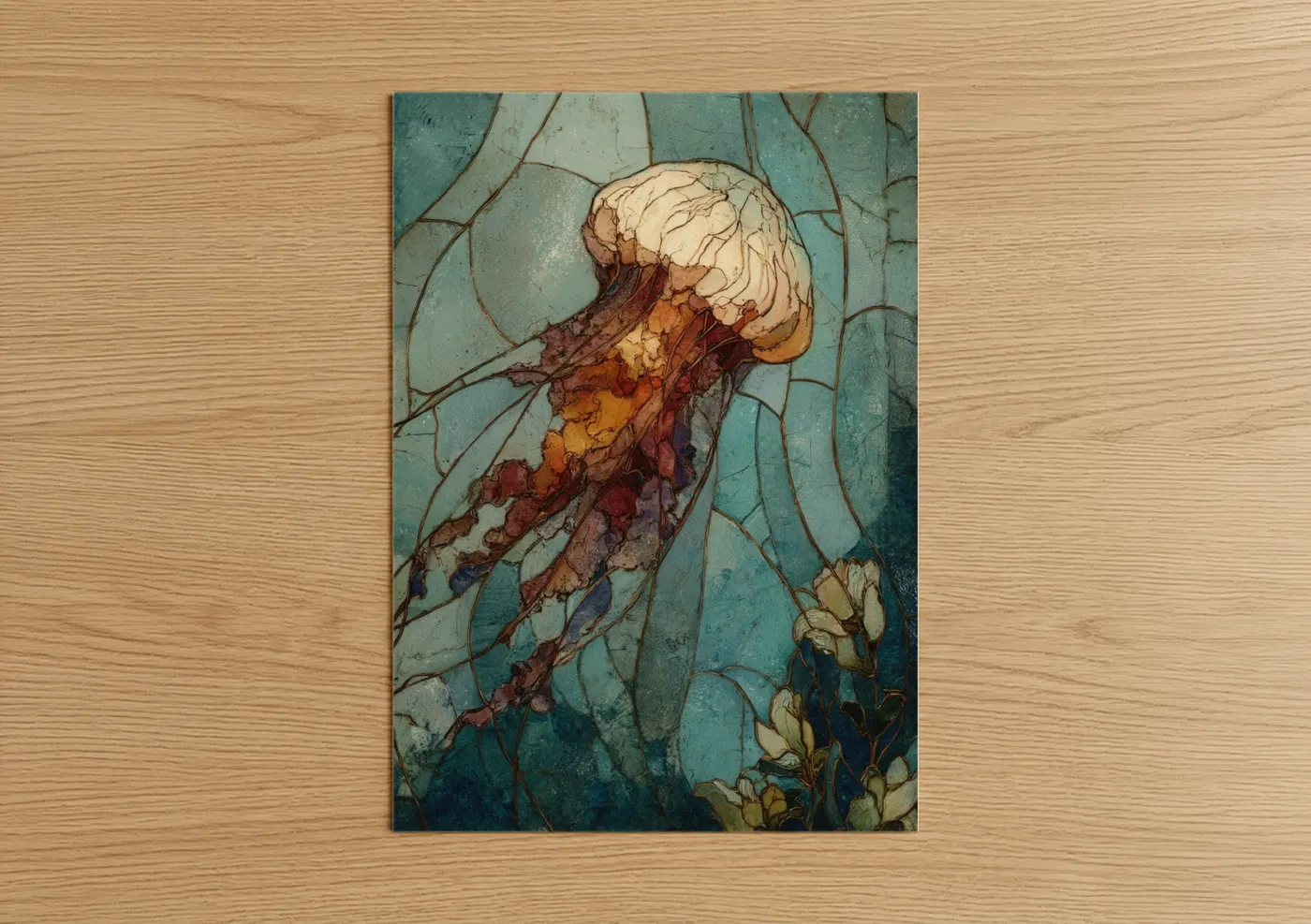 Art print on warm oak wood — teal and gold palette — Ethereal Jellyfish poster