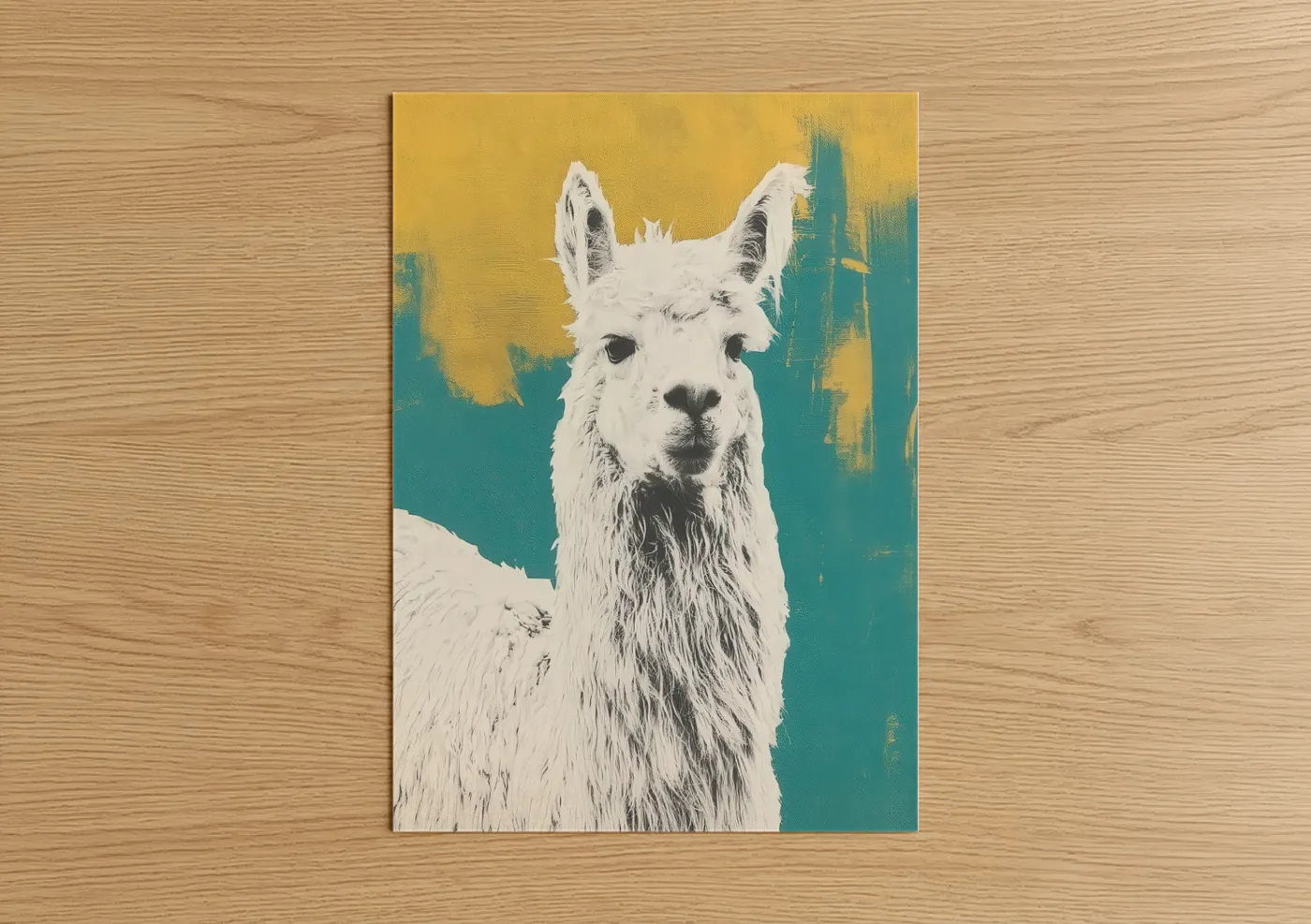 Art print on warm oak wood — yellow gold and teal palette — Golden Alpaca poster