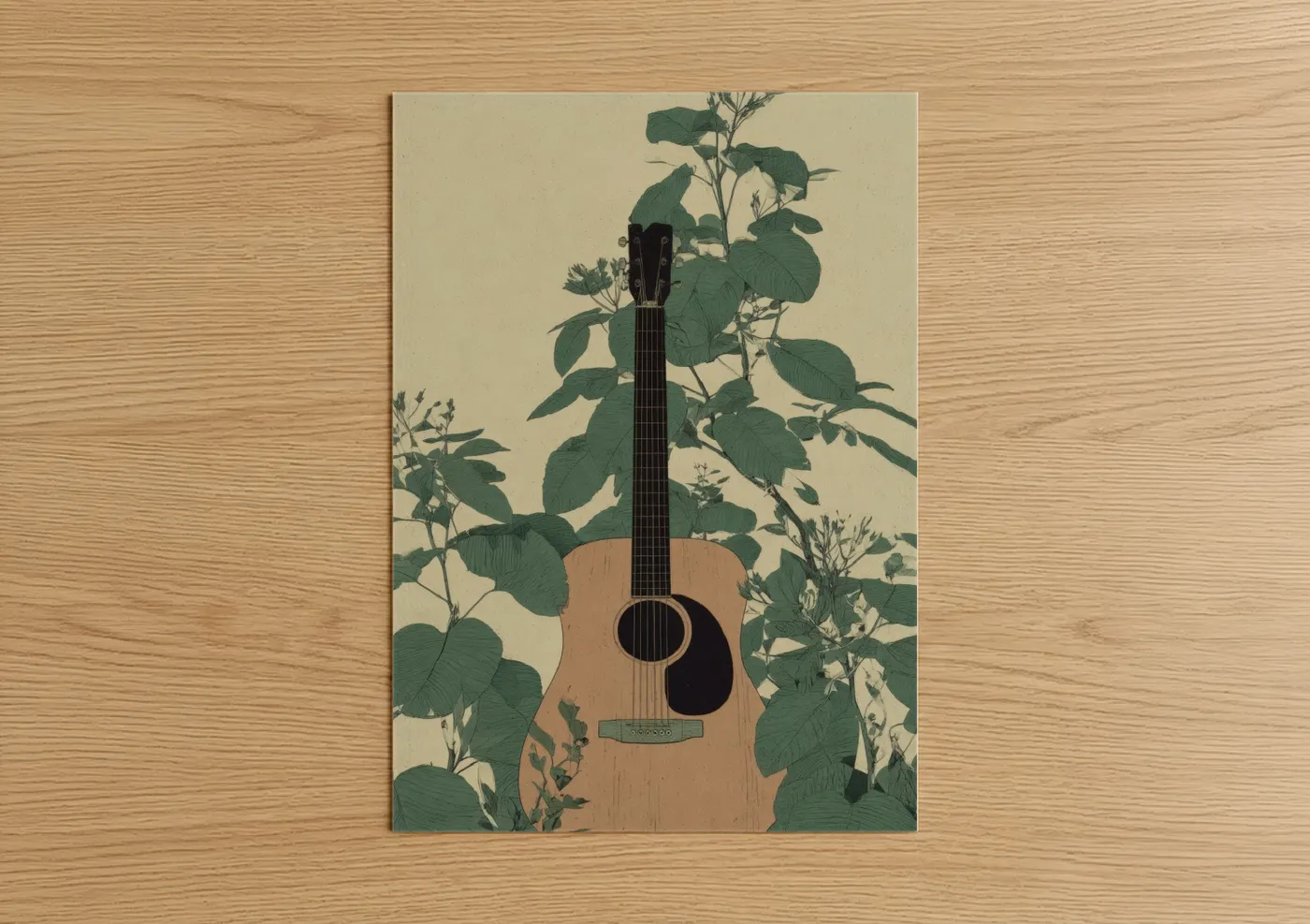 Acoustic guitar art print on warm oak wood — dark green and beige palette — Botanical Guitar poster