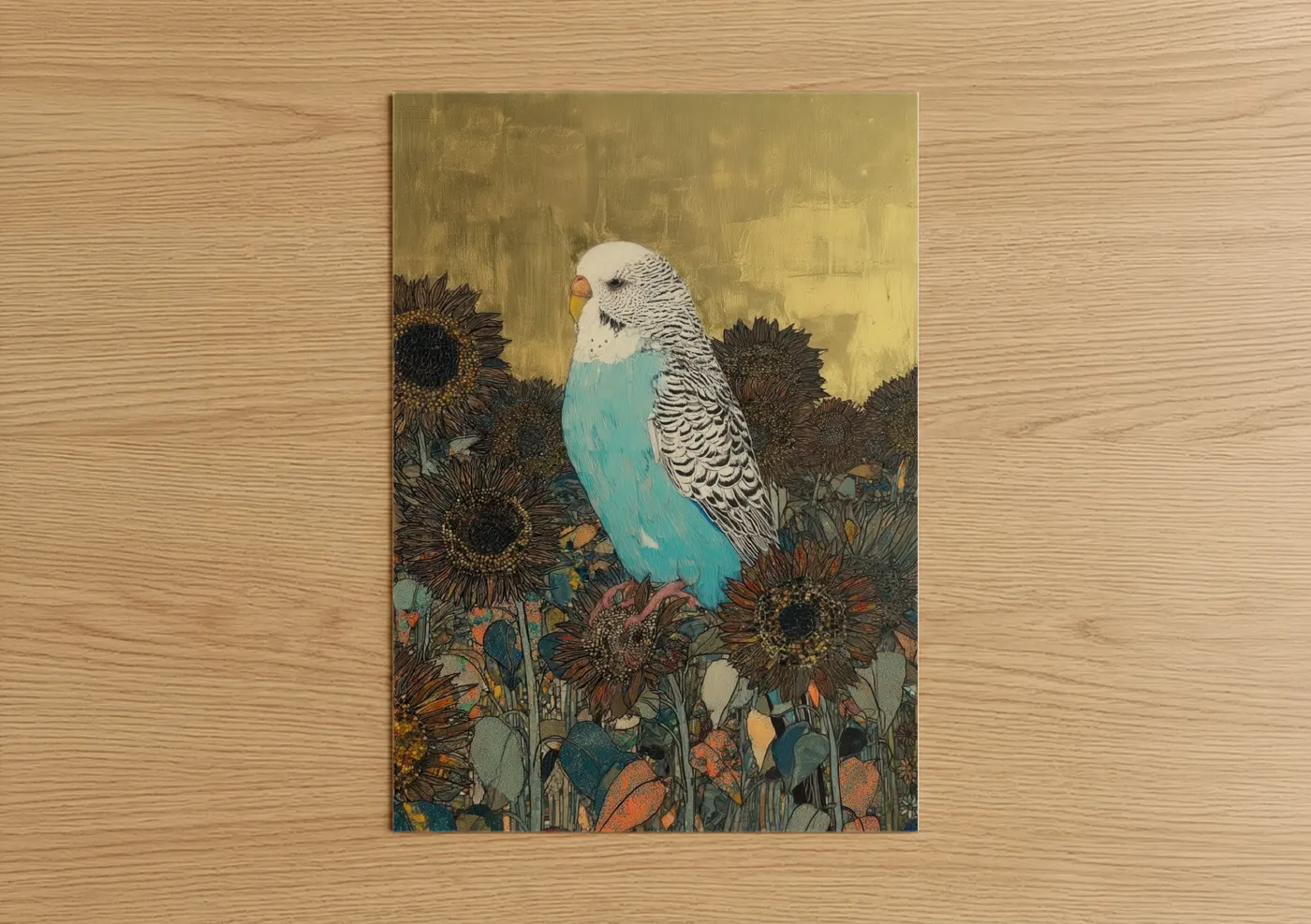Turquoise Budgie in Sunflower Field Wall Art