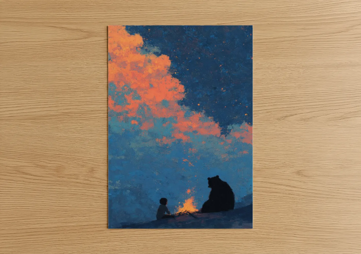 Child and Bear Campfire Illustration Wall Art