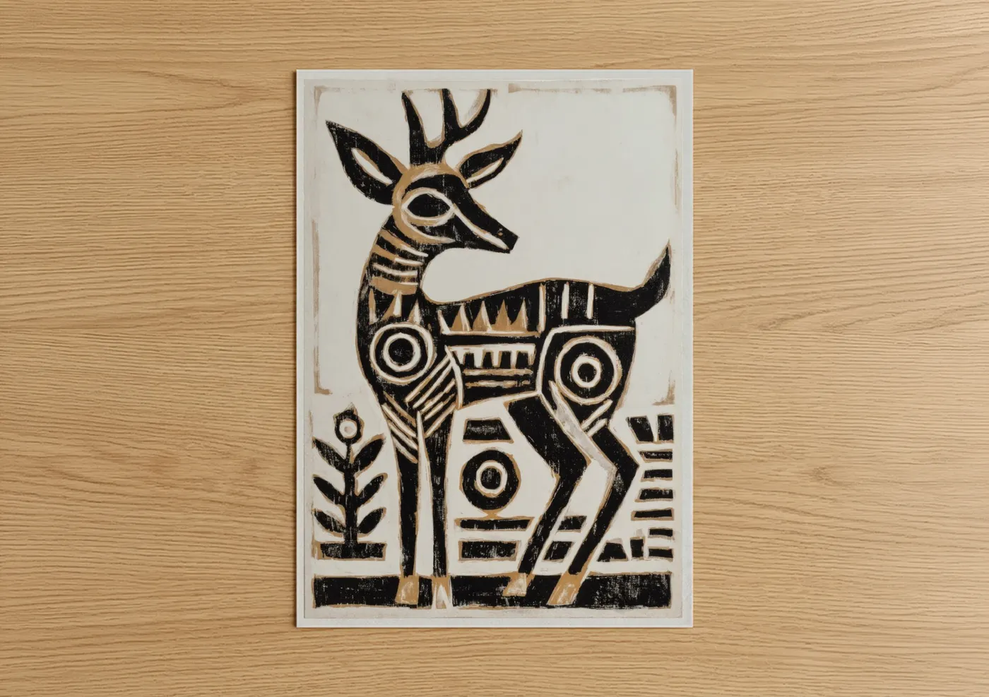 Art print on warm oak wood — black and white and gold palette — Geometric Elk poster