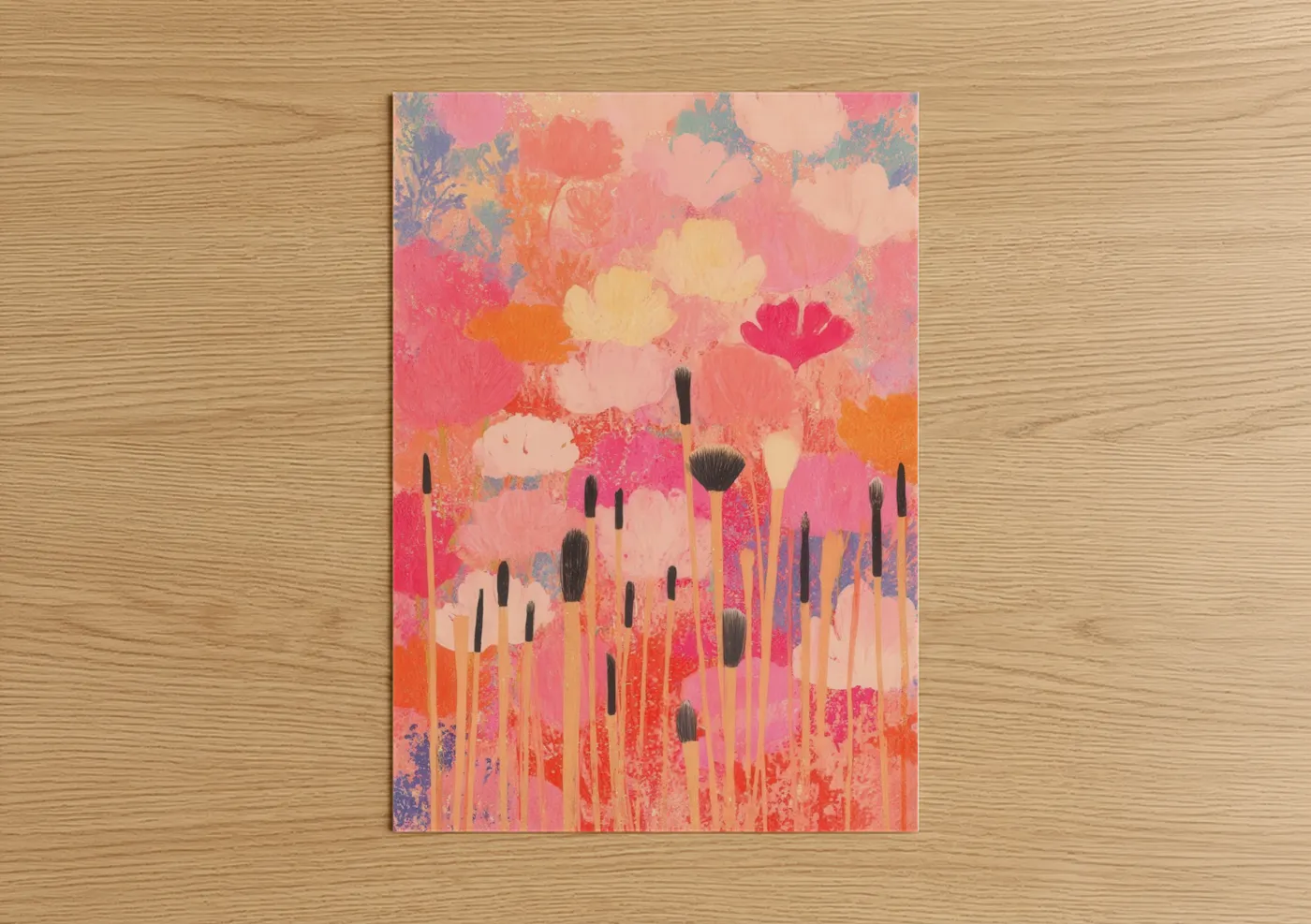 Make up art print on warm oak wood — pink and orange palette — Paintbrush Garden poster